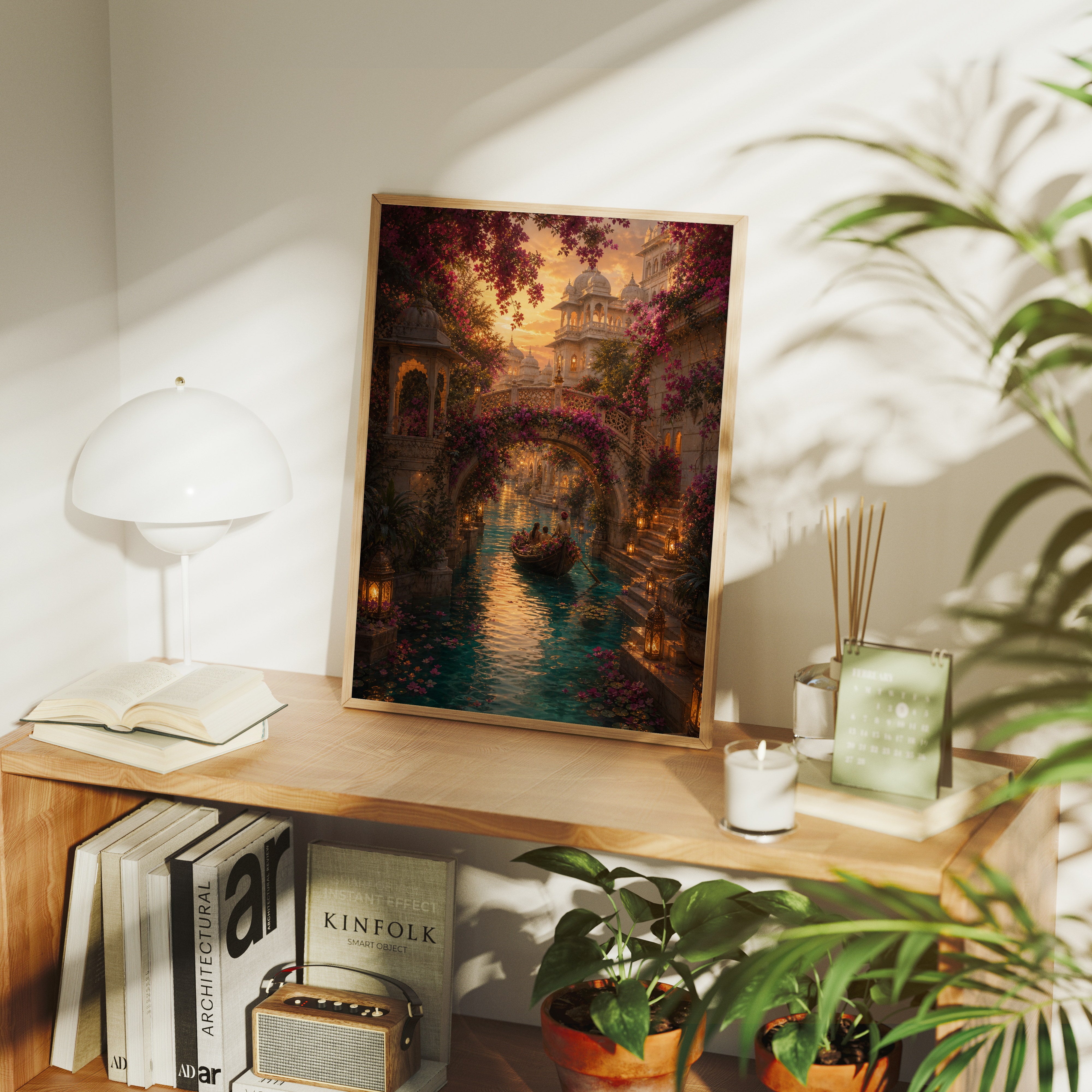 Udaipur Secret Garden Waterway poster gallery shelf mockup by Seji Art