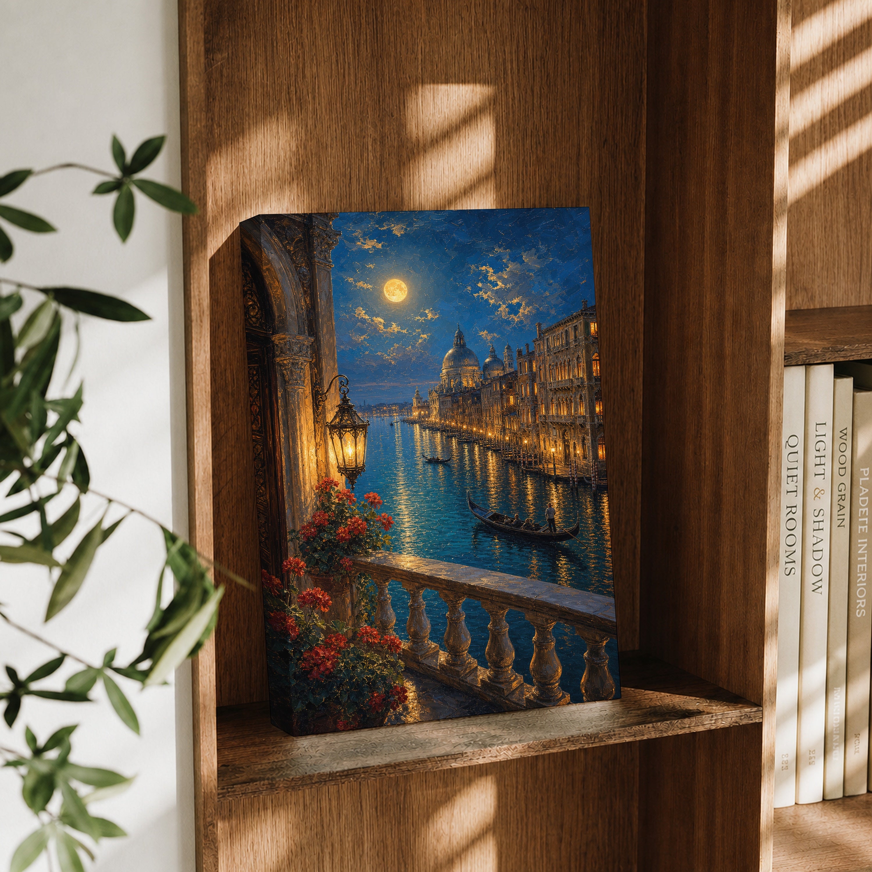 Venice Balcony Canal Moonlight canvas wall art decor mockup by Seji Art