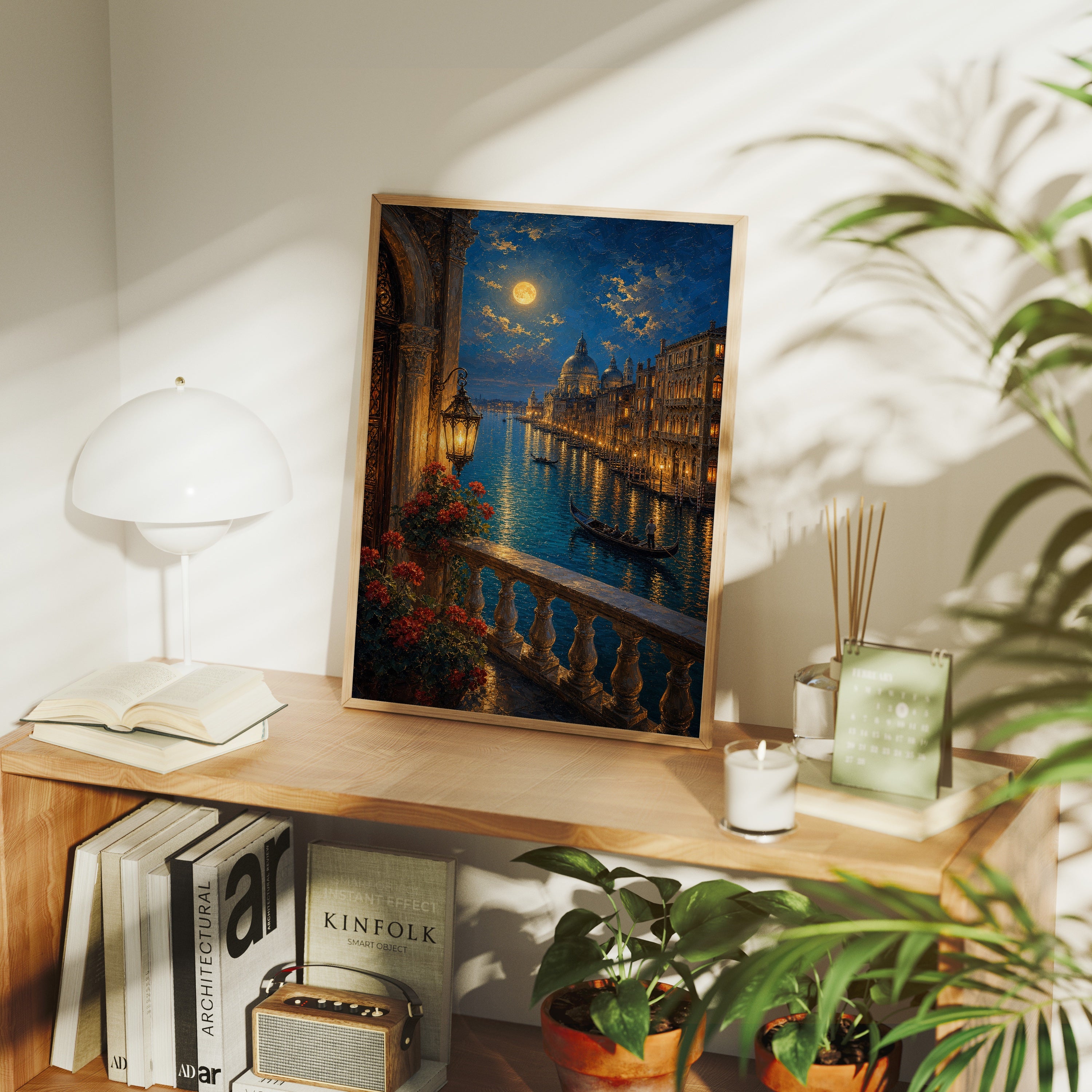 Venice Balcony Canal Moonlight poster framed room mockup by Seji Art