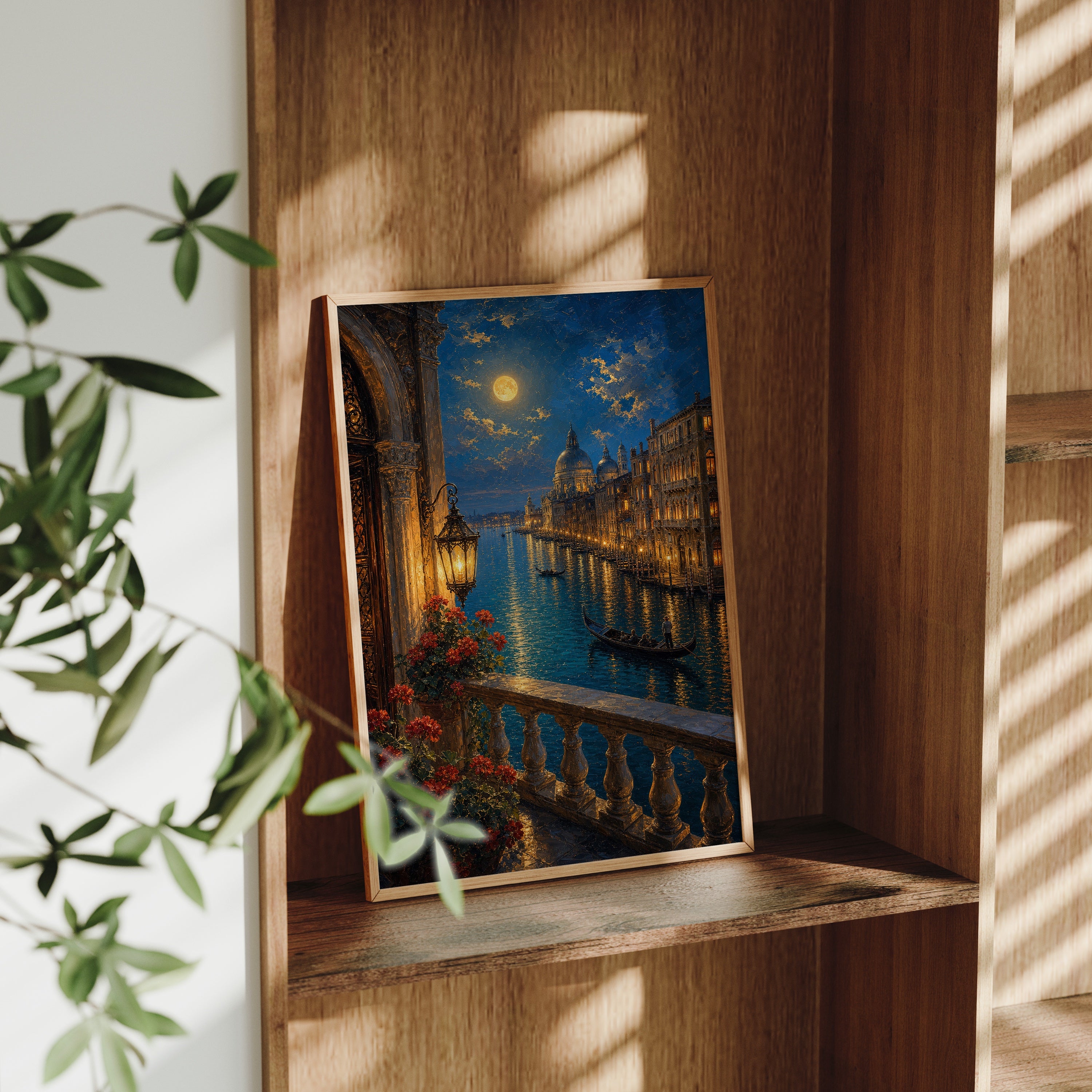 Venice Balcony Canal Moonlight poster gallery shelf mockup by Seji Art