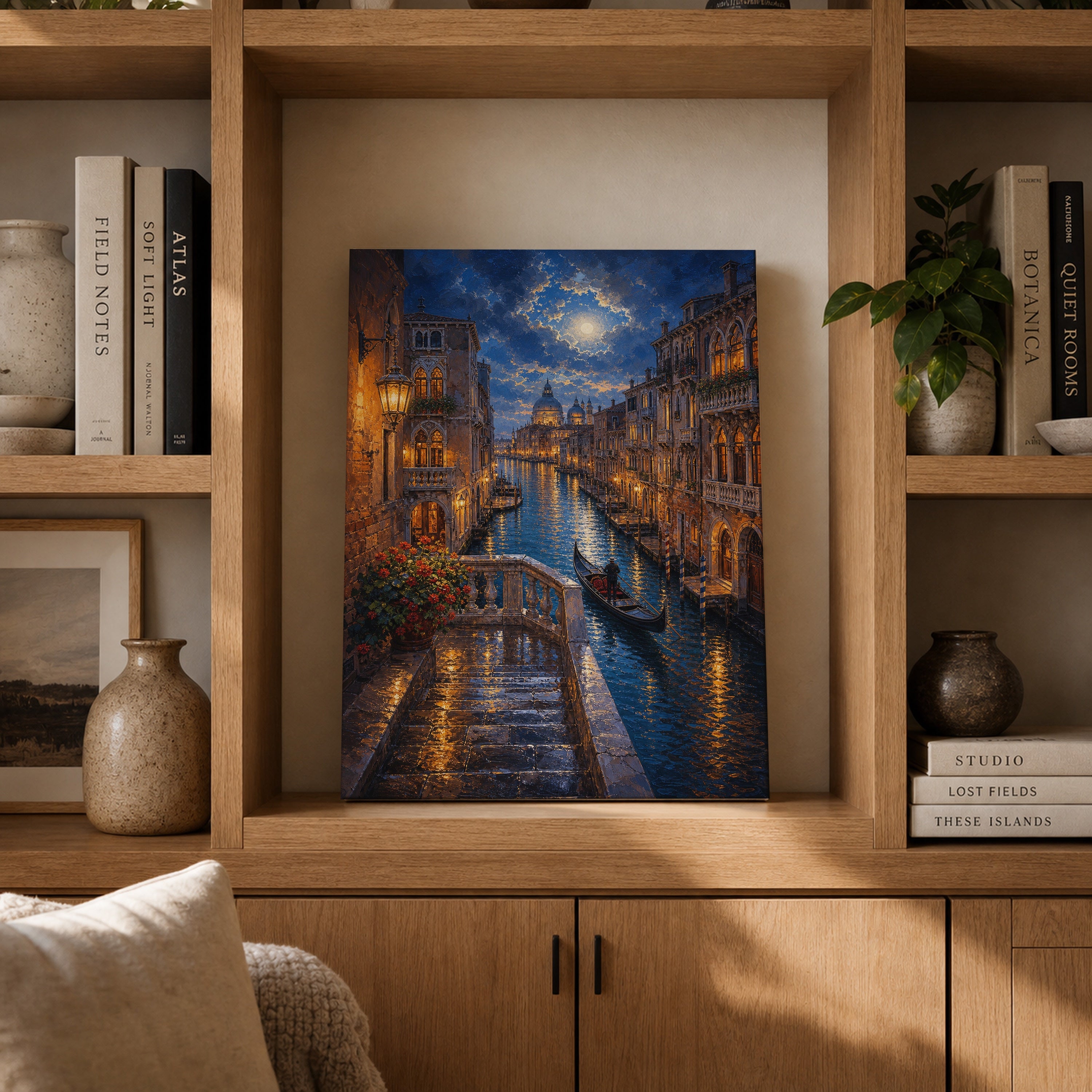 Venice Canal Moonlit Alley canvas gallery shelf mockup by Seji Art