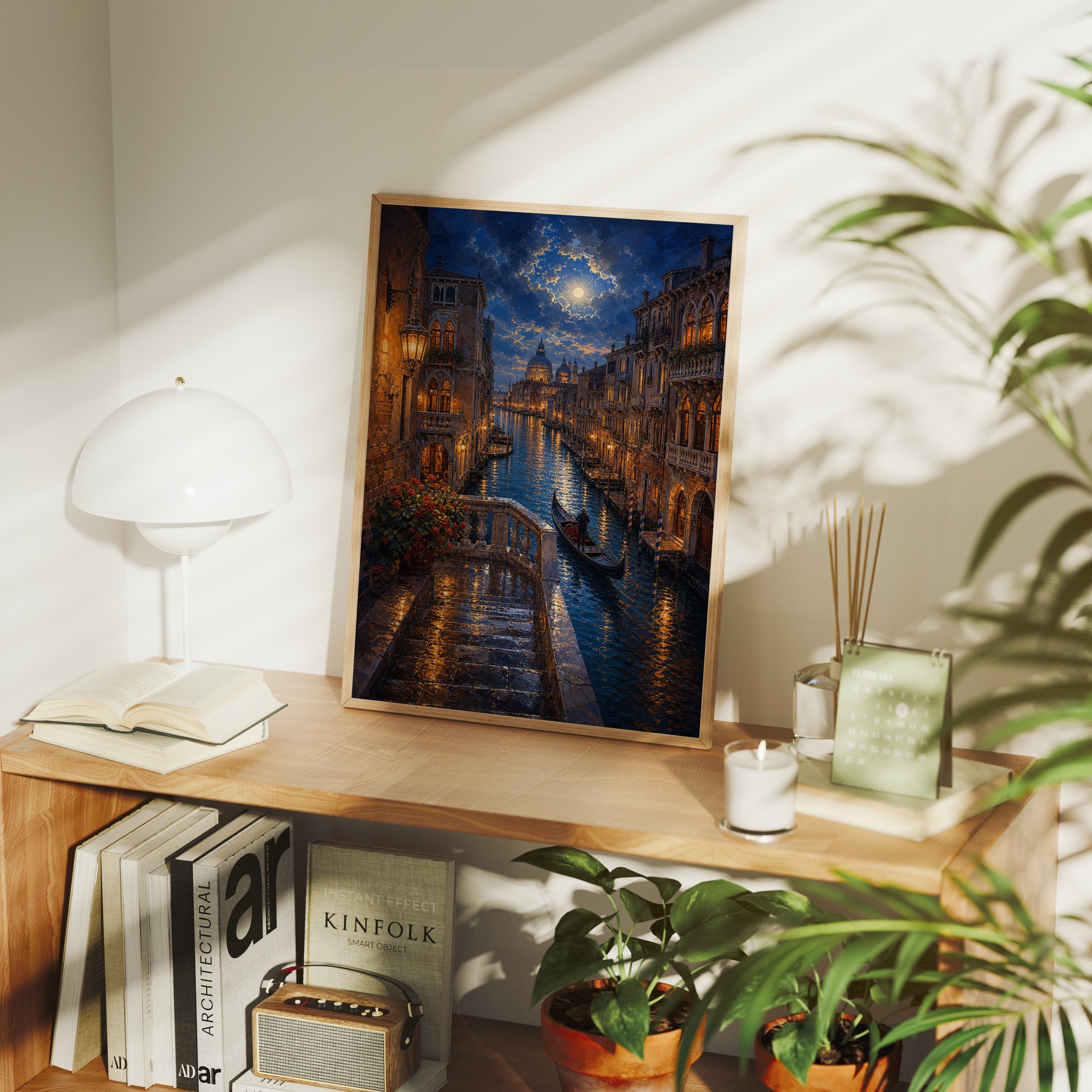 Venice Canal Moonlit Alley poster framed room mockup by Seji Art