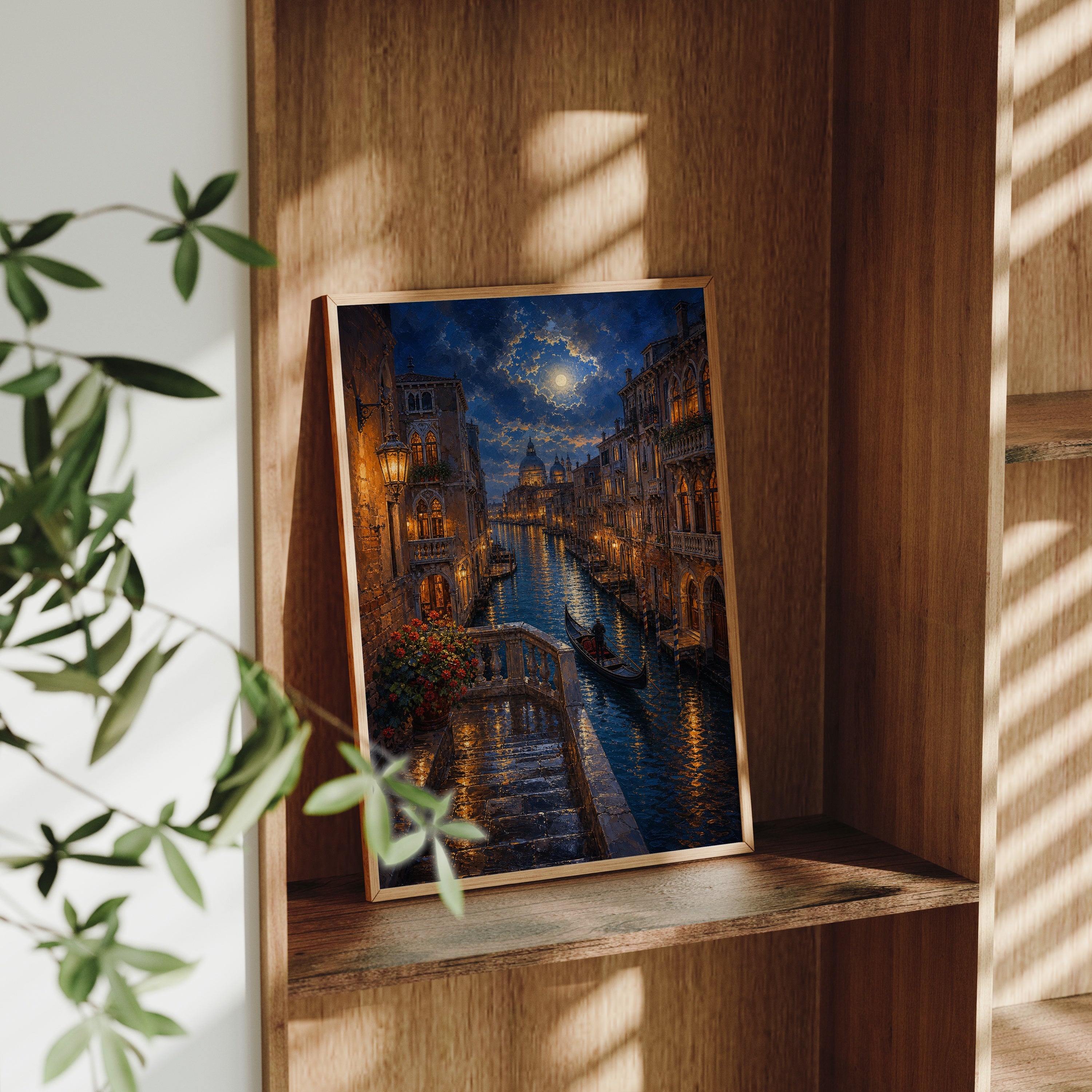 Venice Canal Moonlit Alley poster gallery shelf mockup by Seji Art