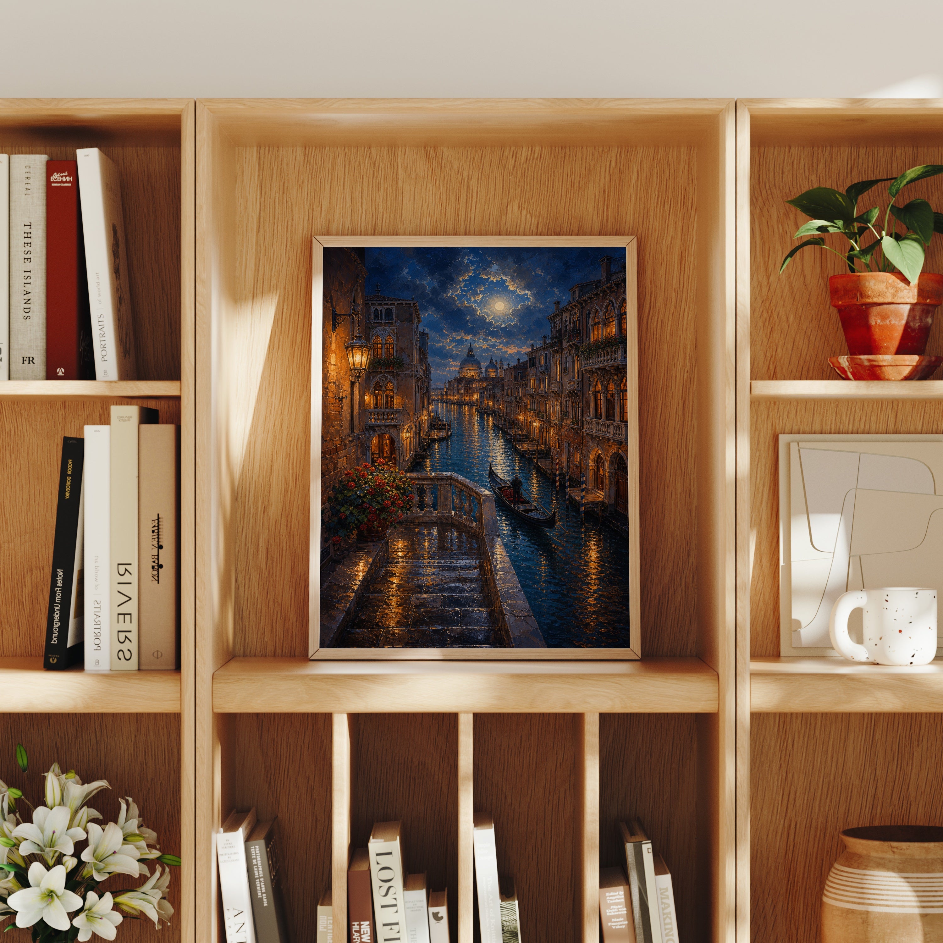 Venice Canal Moonlit Alley poster home decor mockup by Seji Art