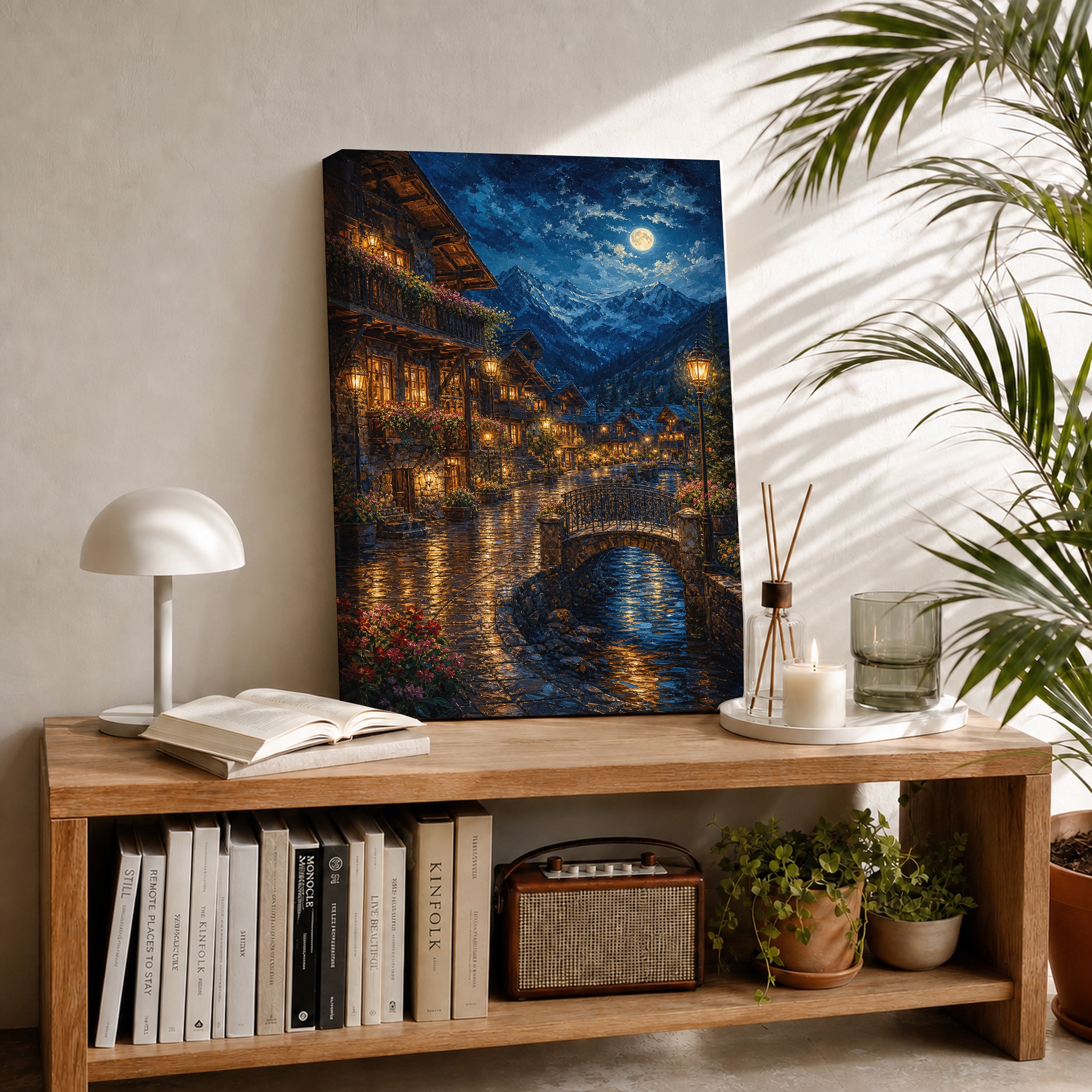 Venice Moonlit Canal Bridge canvas room mockup by Seji Art