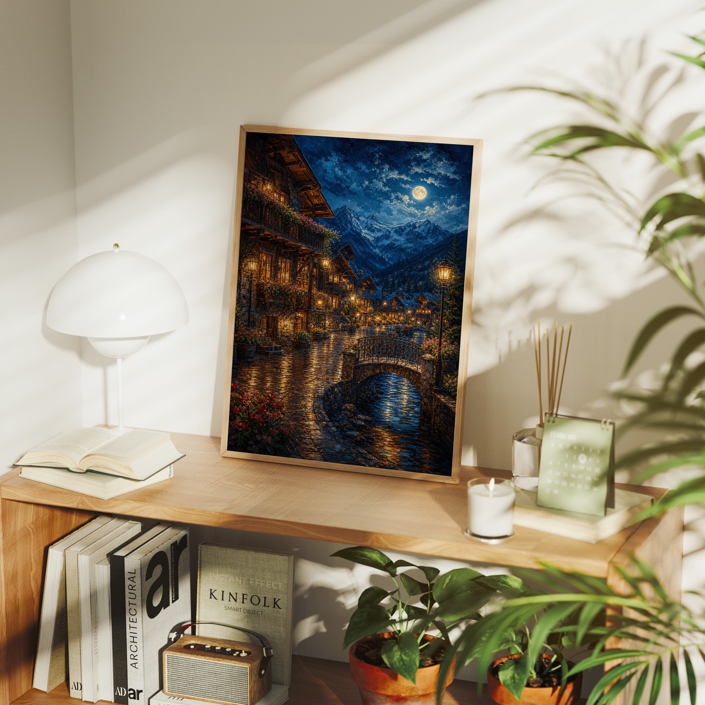 Venice Moonlit Canal Bridge poster framed room mockup by Seji Art
