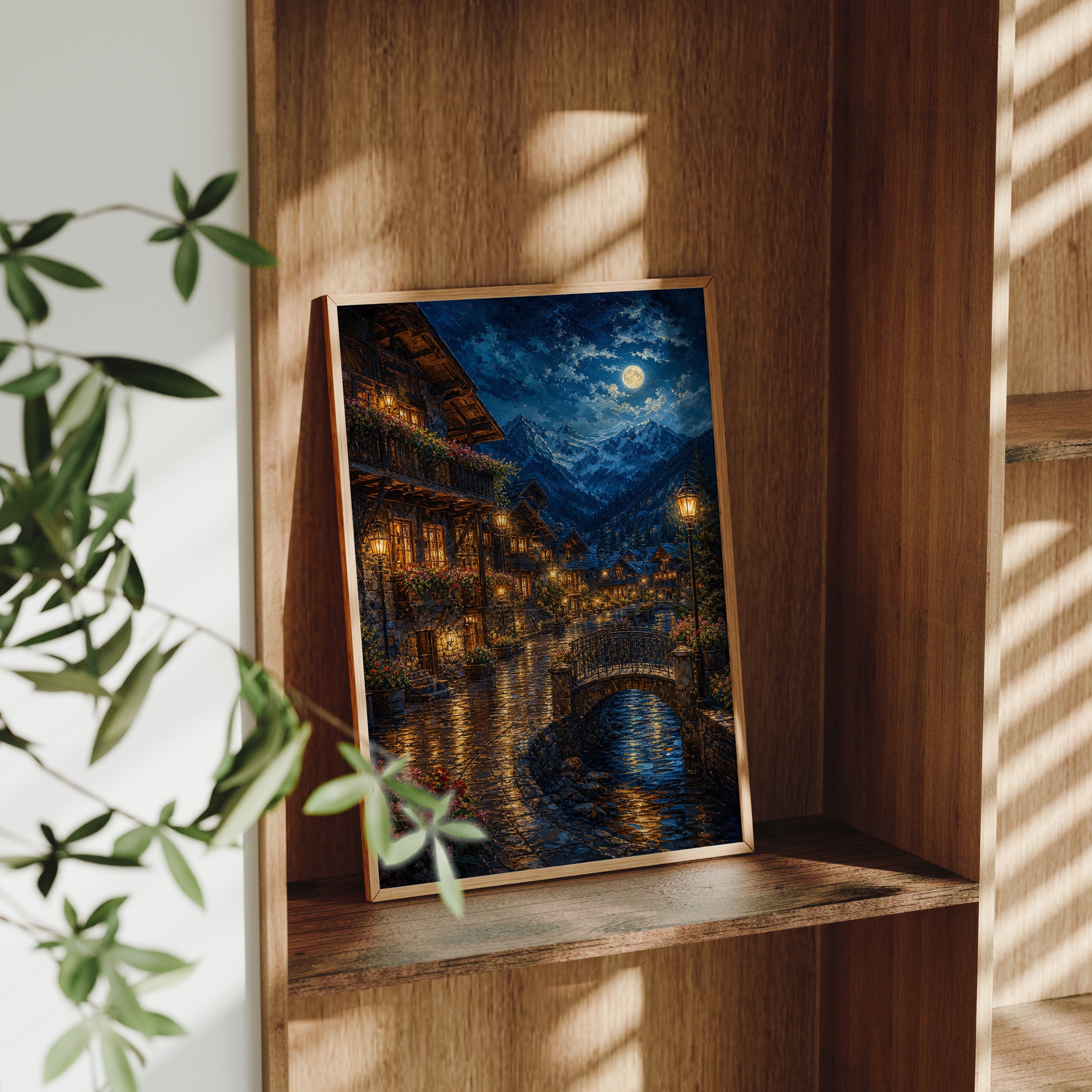 Venice Moonlit Canal Bridge poster gallery shelf mockup by Seji Art