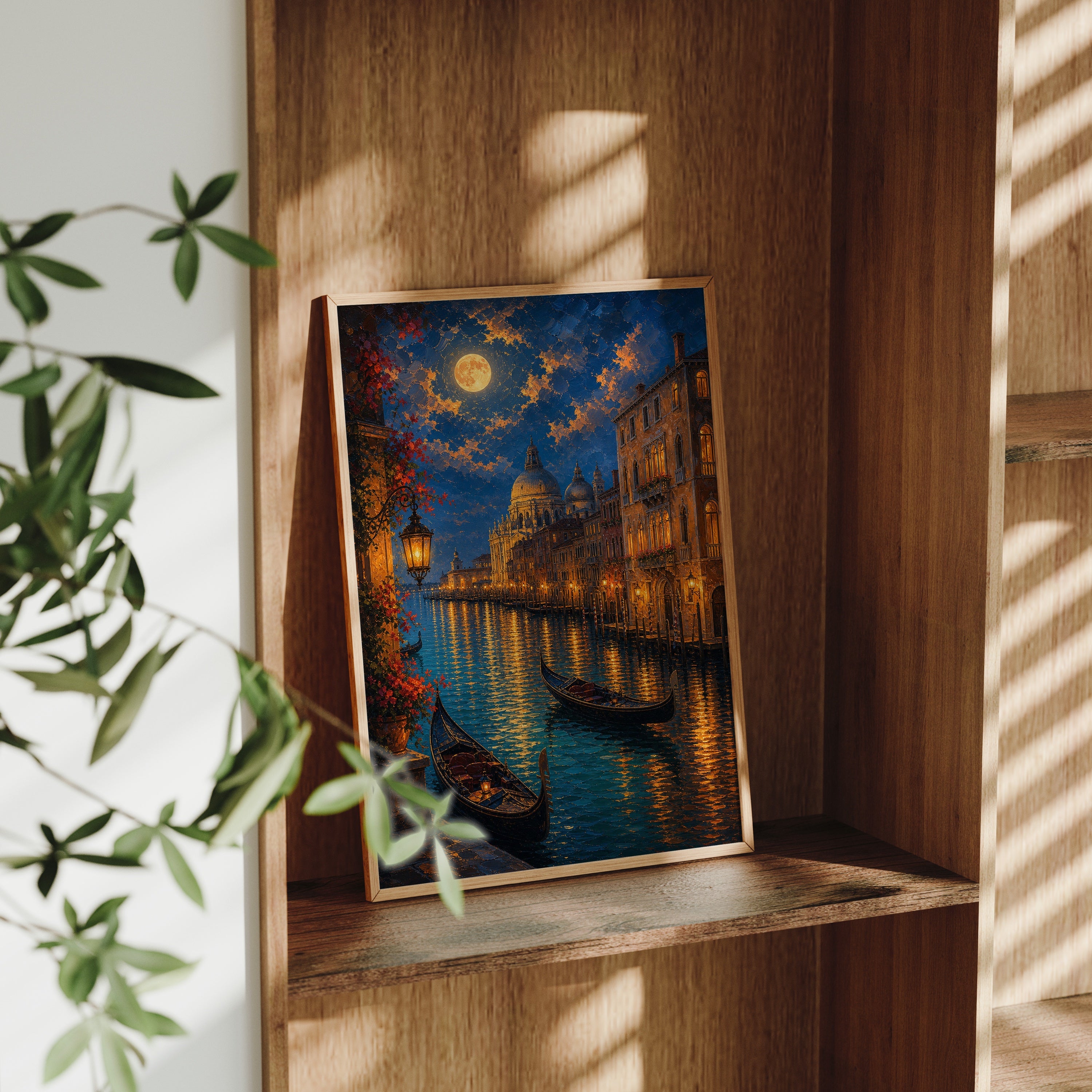 Venice Moonlit Canal Dome poster gallery shelf mockup by Seji Art