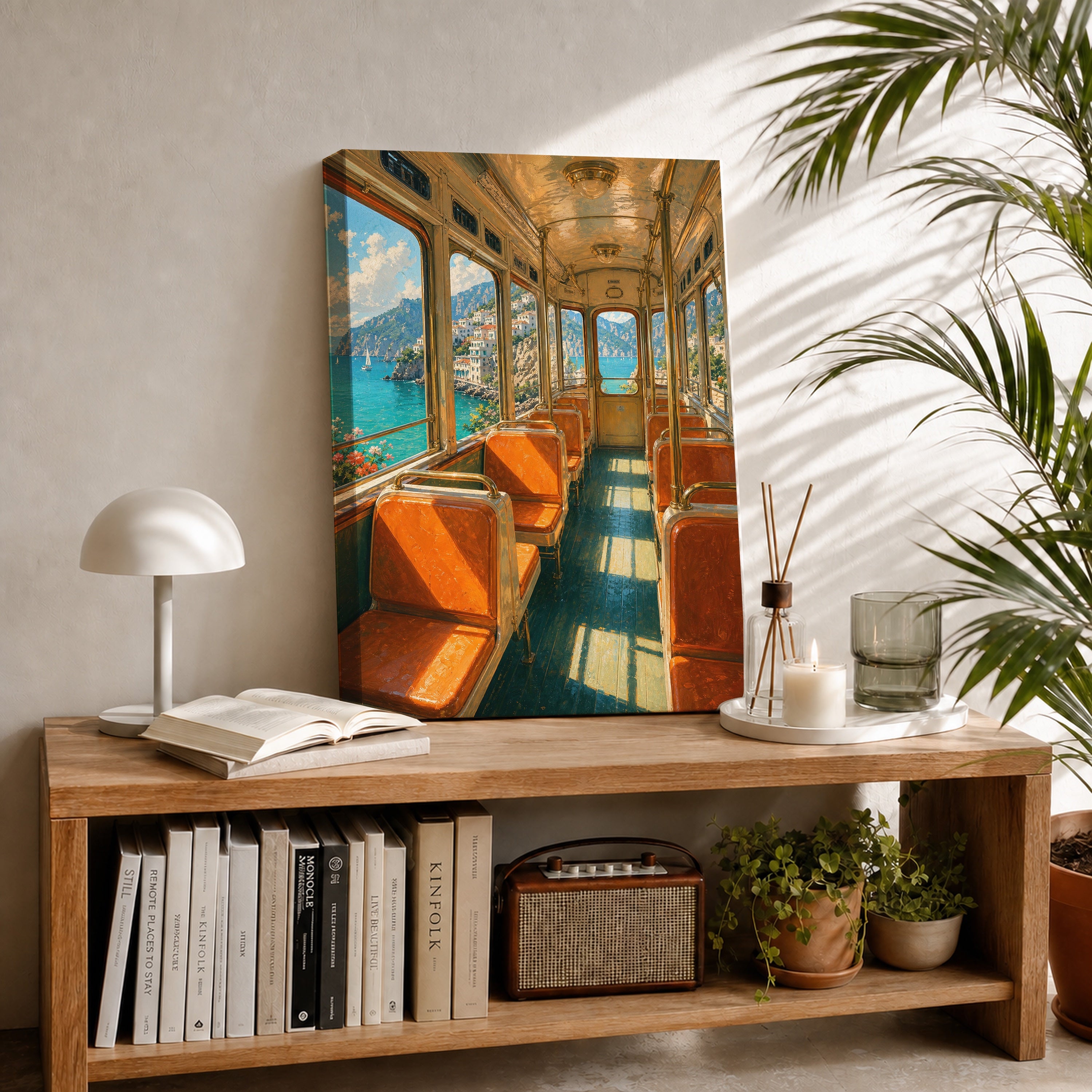 Vintage Coastal Train Car canvas room mockup by Seji Art
