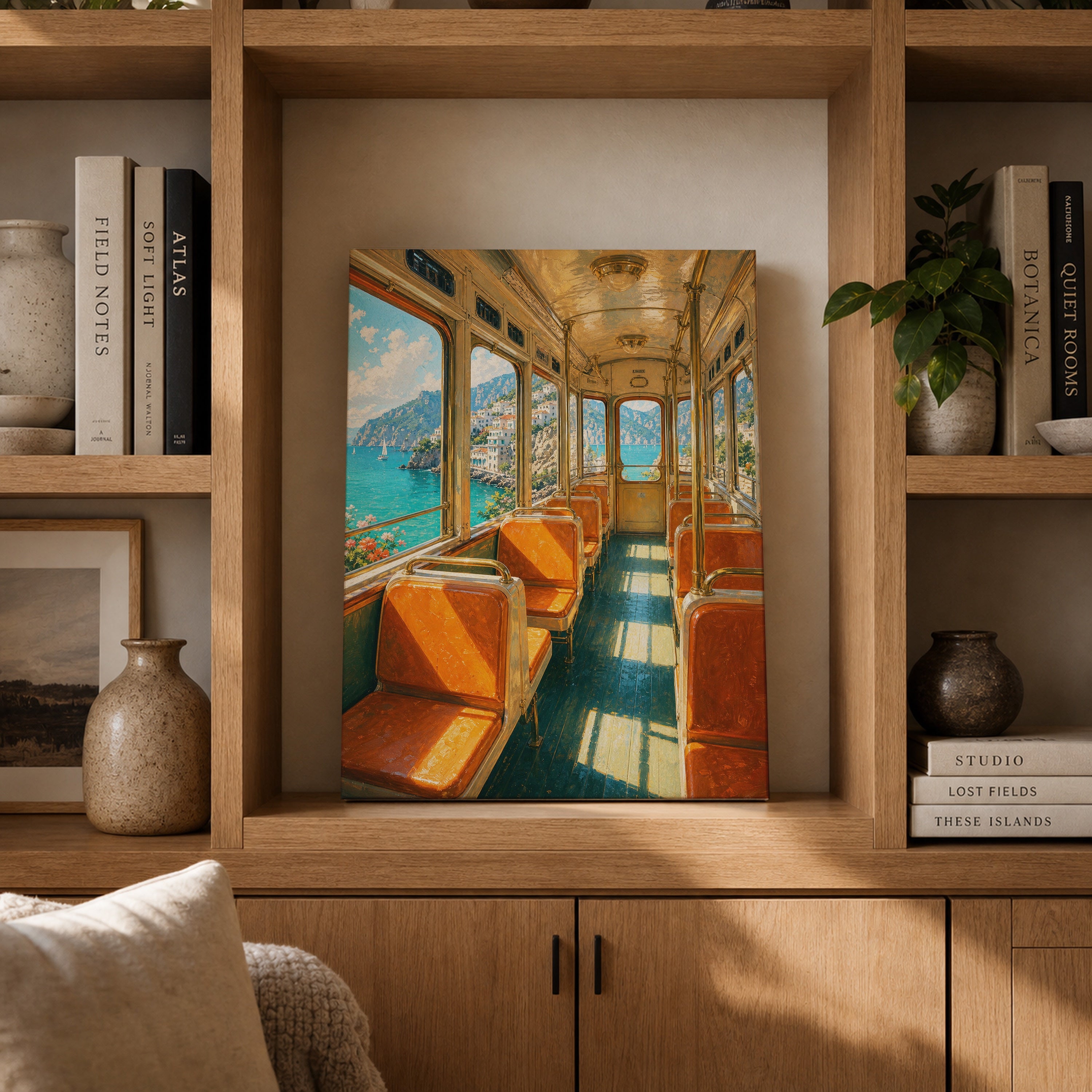 Vintage Coastal Train Car canvas gallery shelf mockup by Seji Art