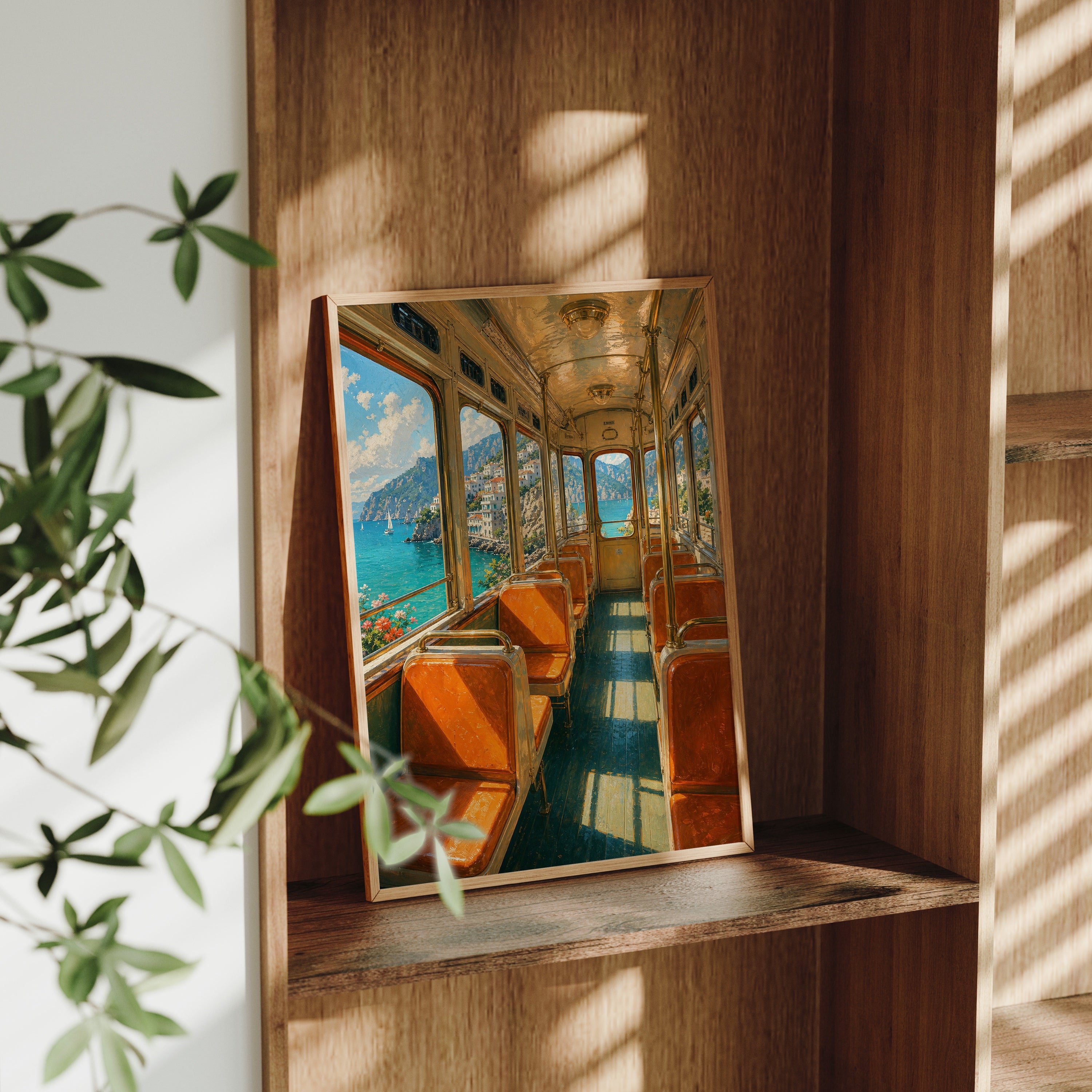 Vintage Coastal Train Car poster gallery shelf mockup by Seji Art