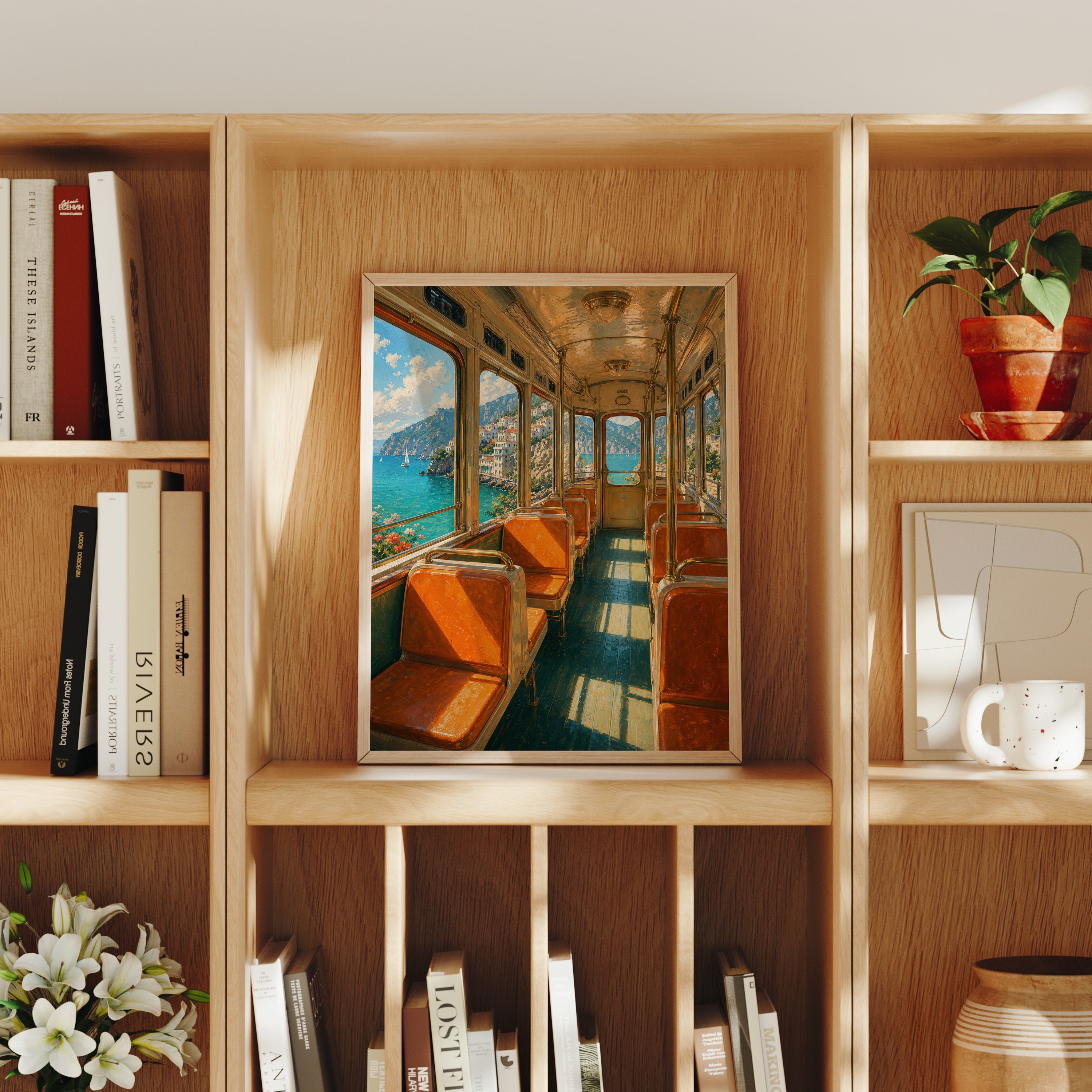Vintage Coastal Train Car poster home decor mockup by Seji Art