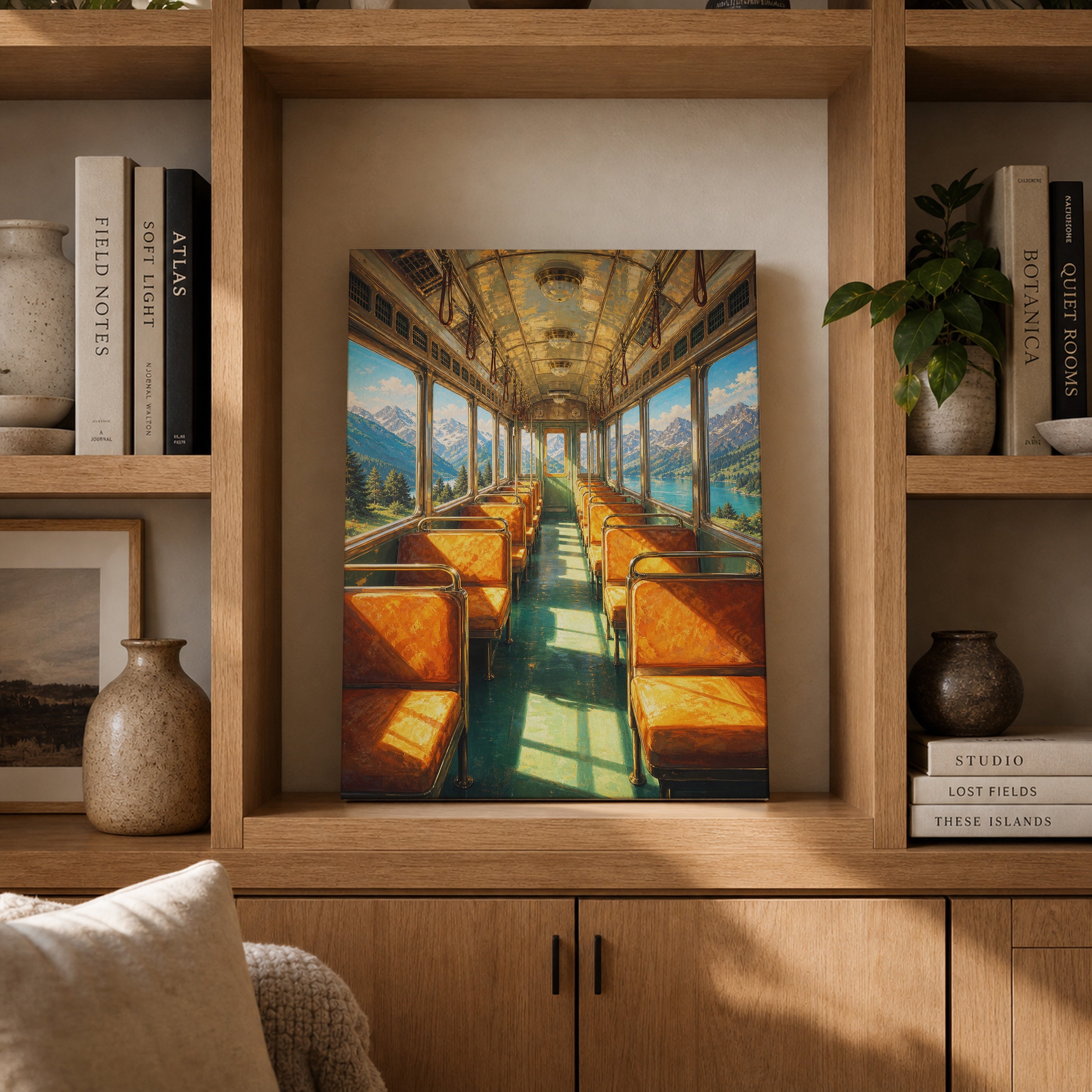 Vintage Dining Train Ocean View canvas gallery shelf mockup by Seji Art