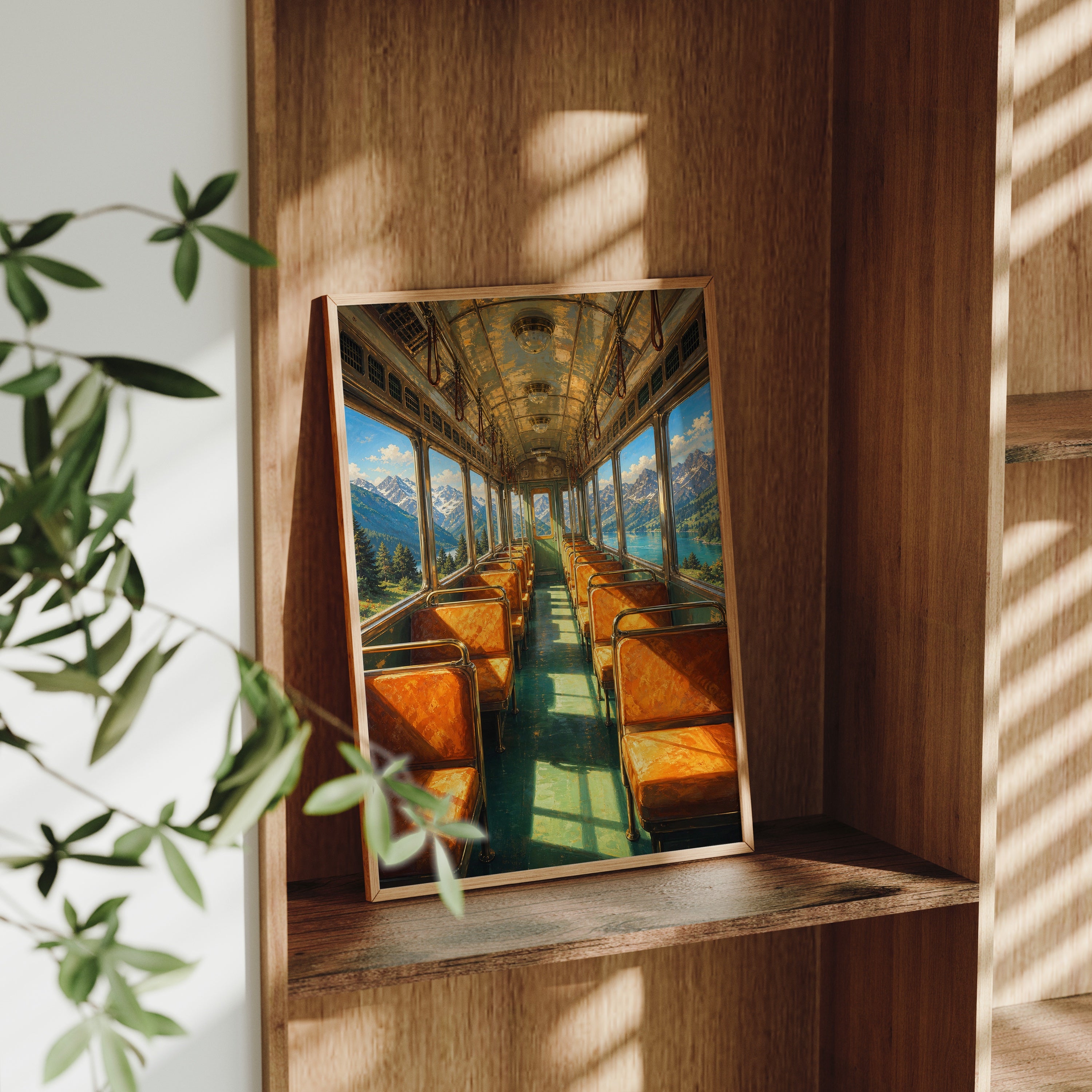 Vintage Dining Train Ocean View poster gallery shelf mockup by Seji Art