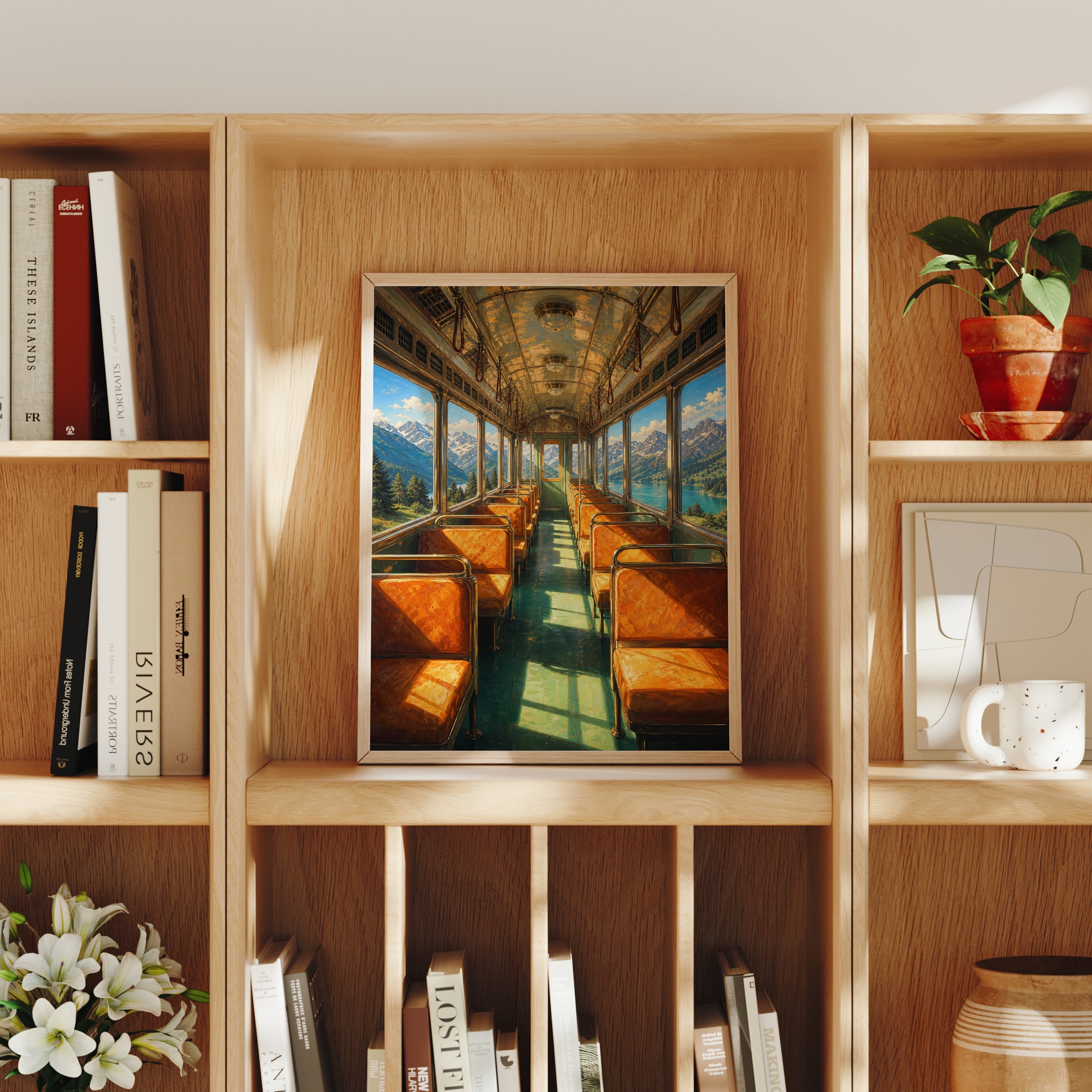 Vintage Dining Train Ocean View poster home decor mockup by Seji Art