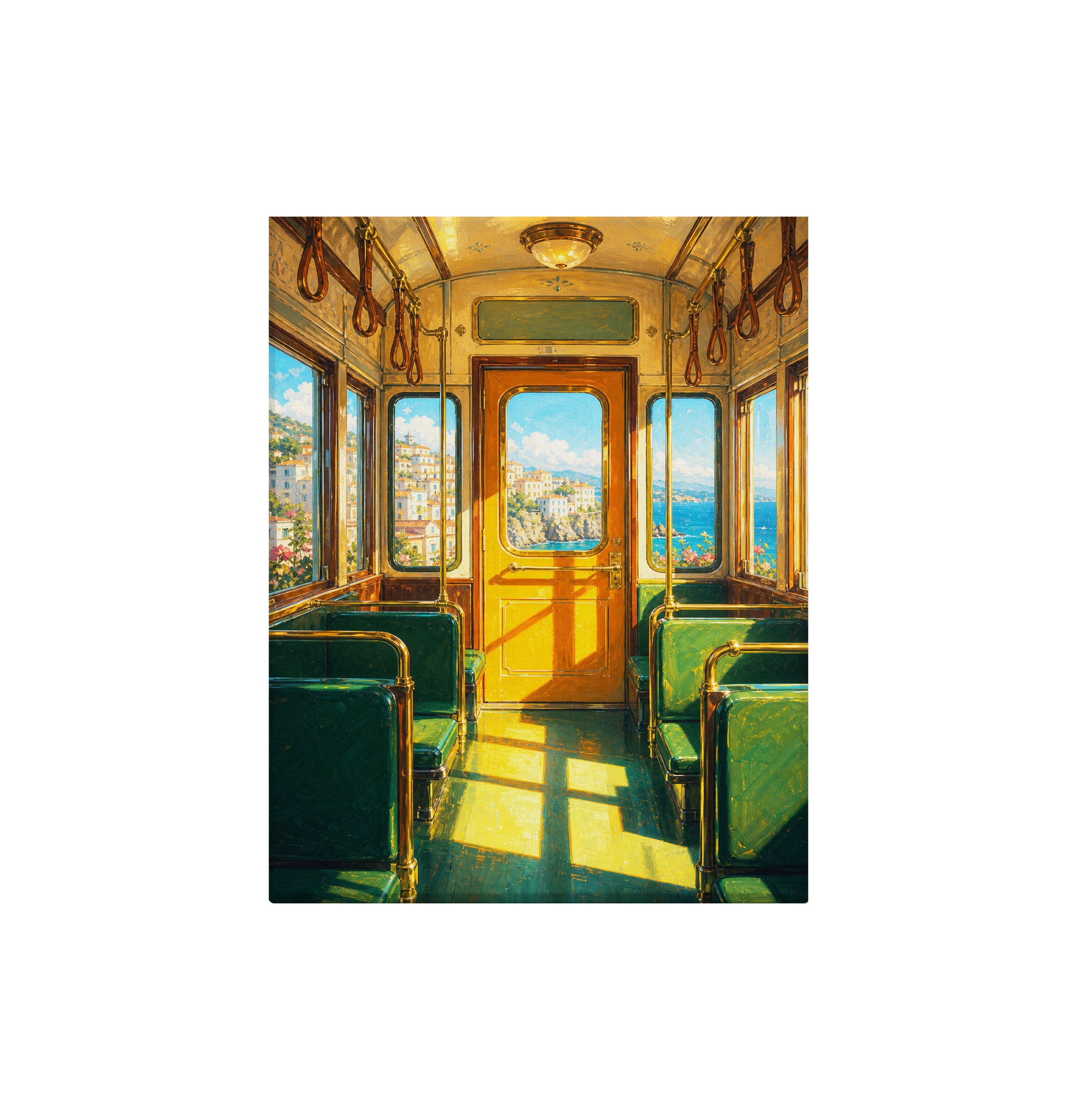 Vintage Green Train Interior canvas wall art preview by Seji Art