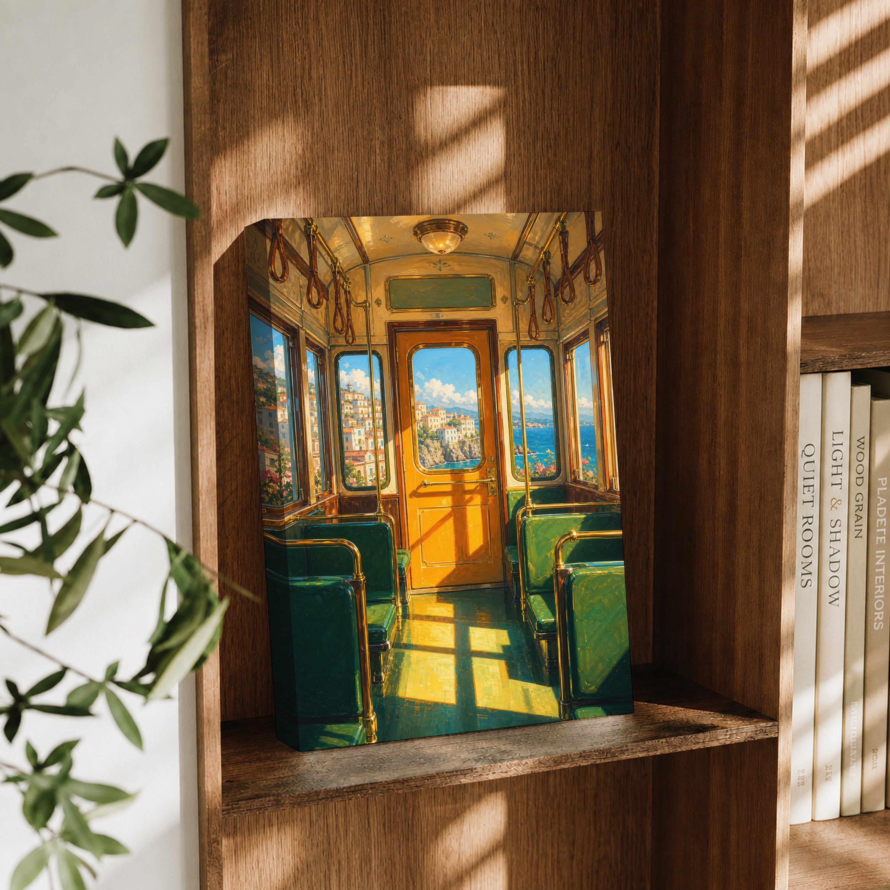 Vintage Green Train Interior canvas wall art decor mockup by Seji Art