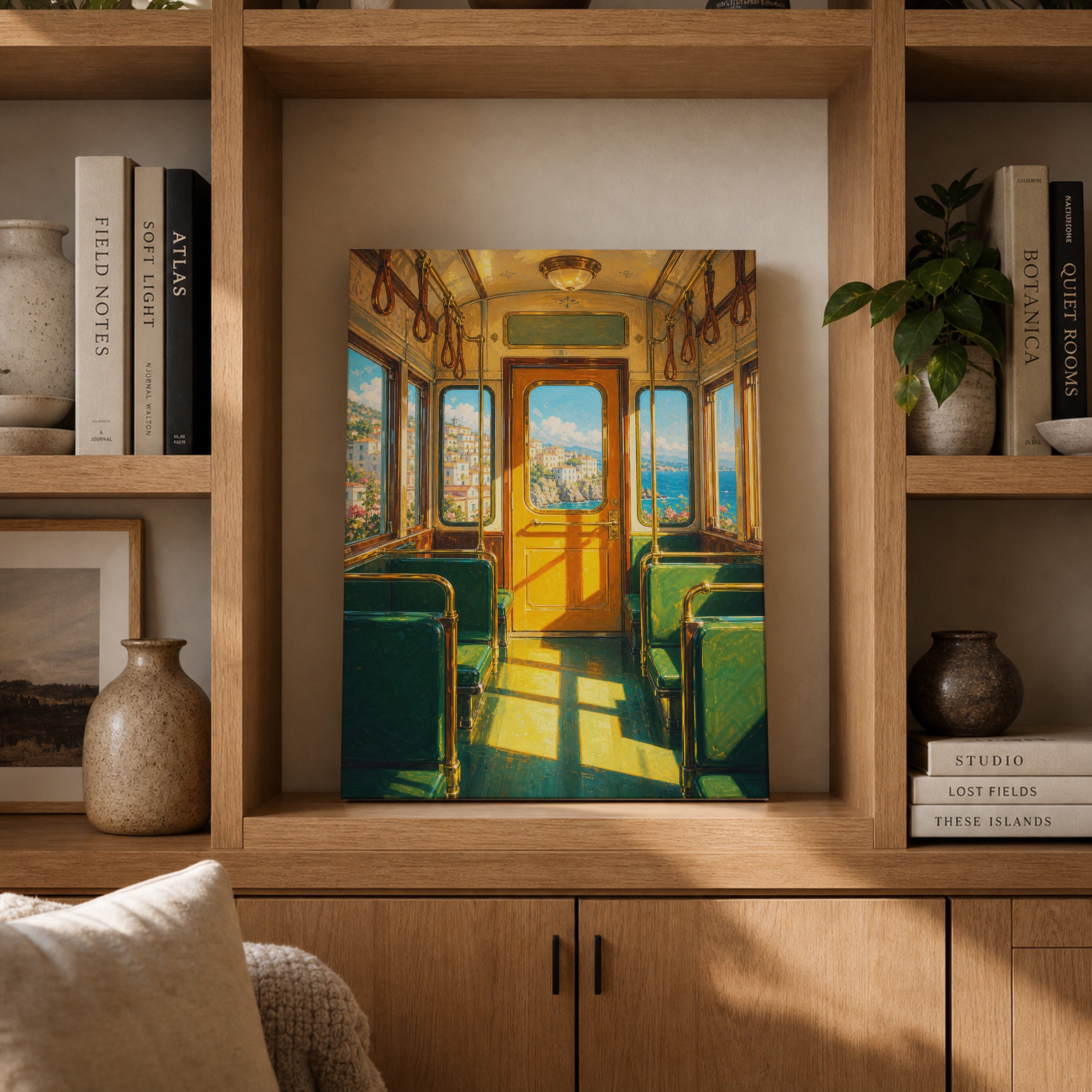 Vintage Green Train Interior canvas gallery shelf mockup by Seji Art