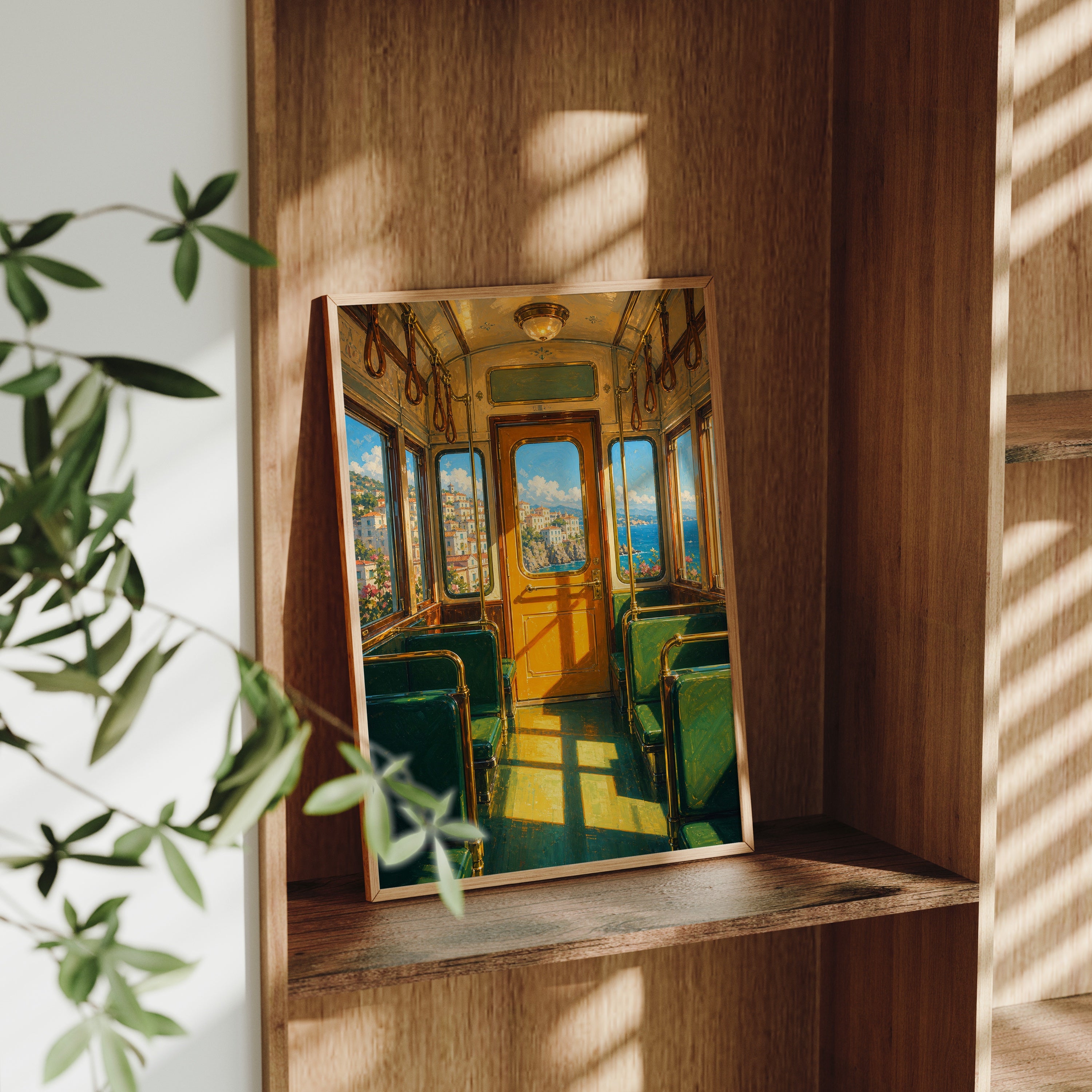 Vintage Green Train Interior poster gallery shelf mockup by Seji Art