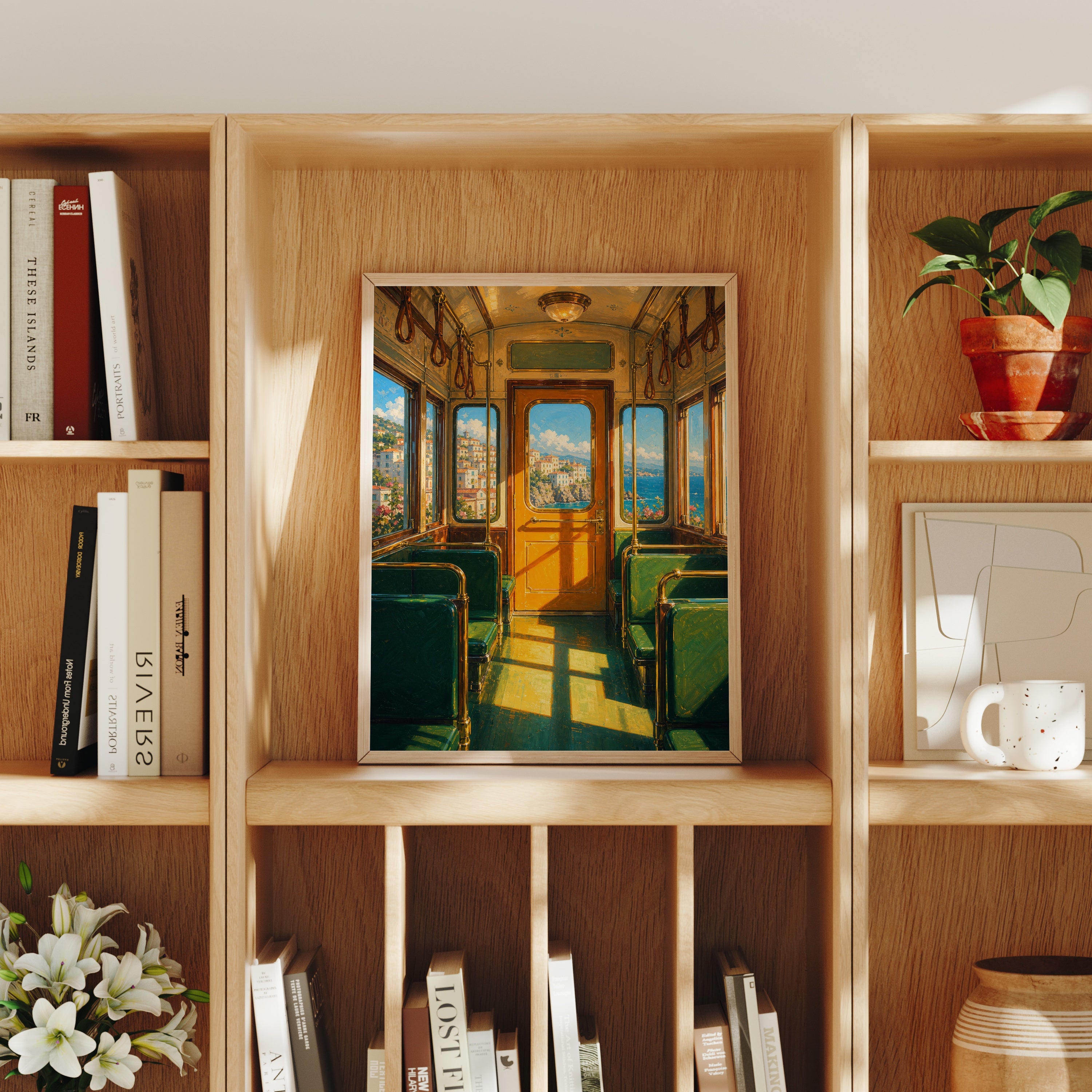 Vintage Green Train Interior poster home decor mockup by Seji Art