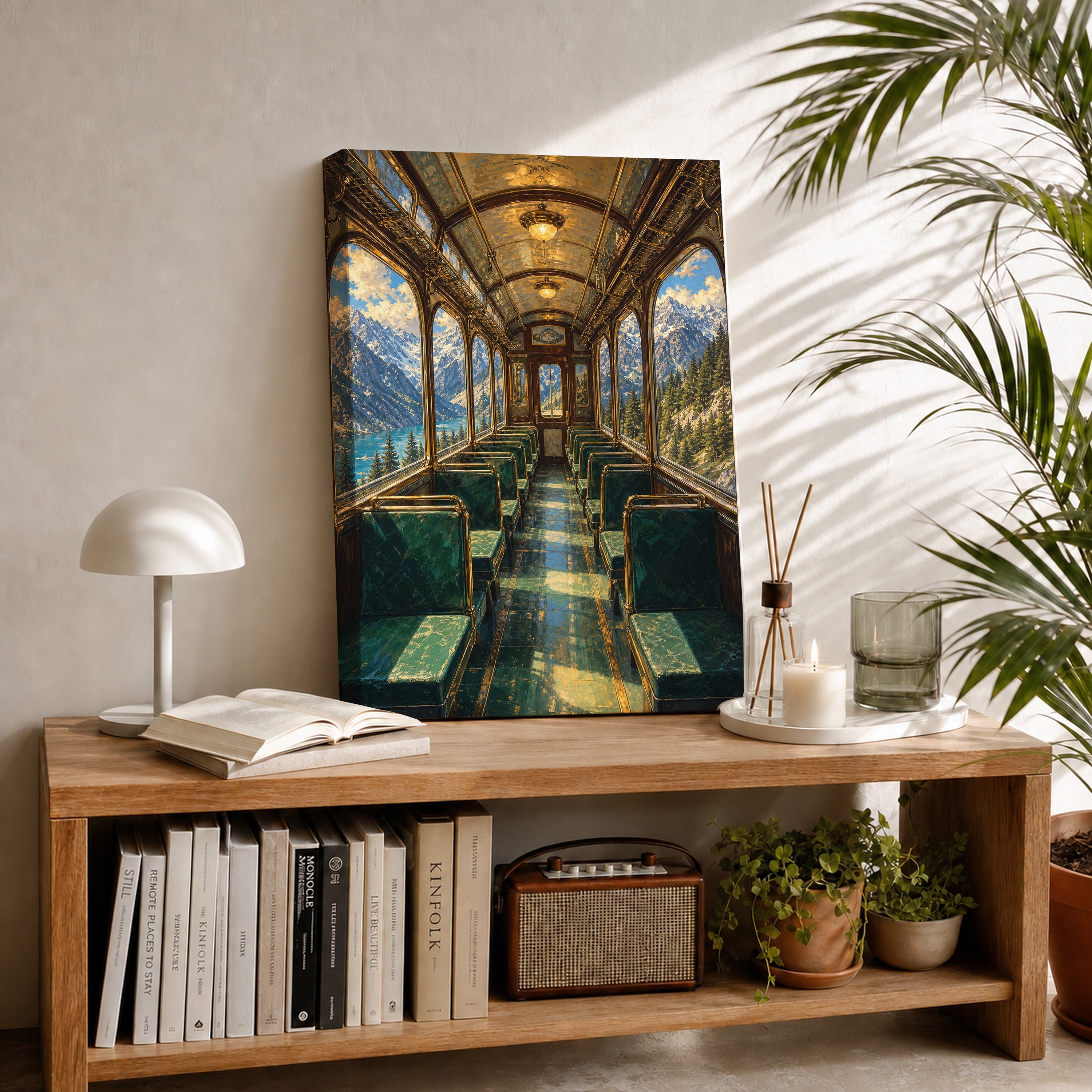 Vintage Train Dining Car canvas room mockup by Seji Art