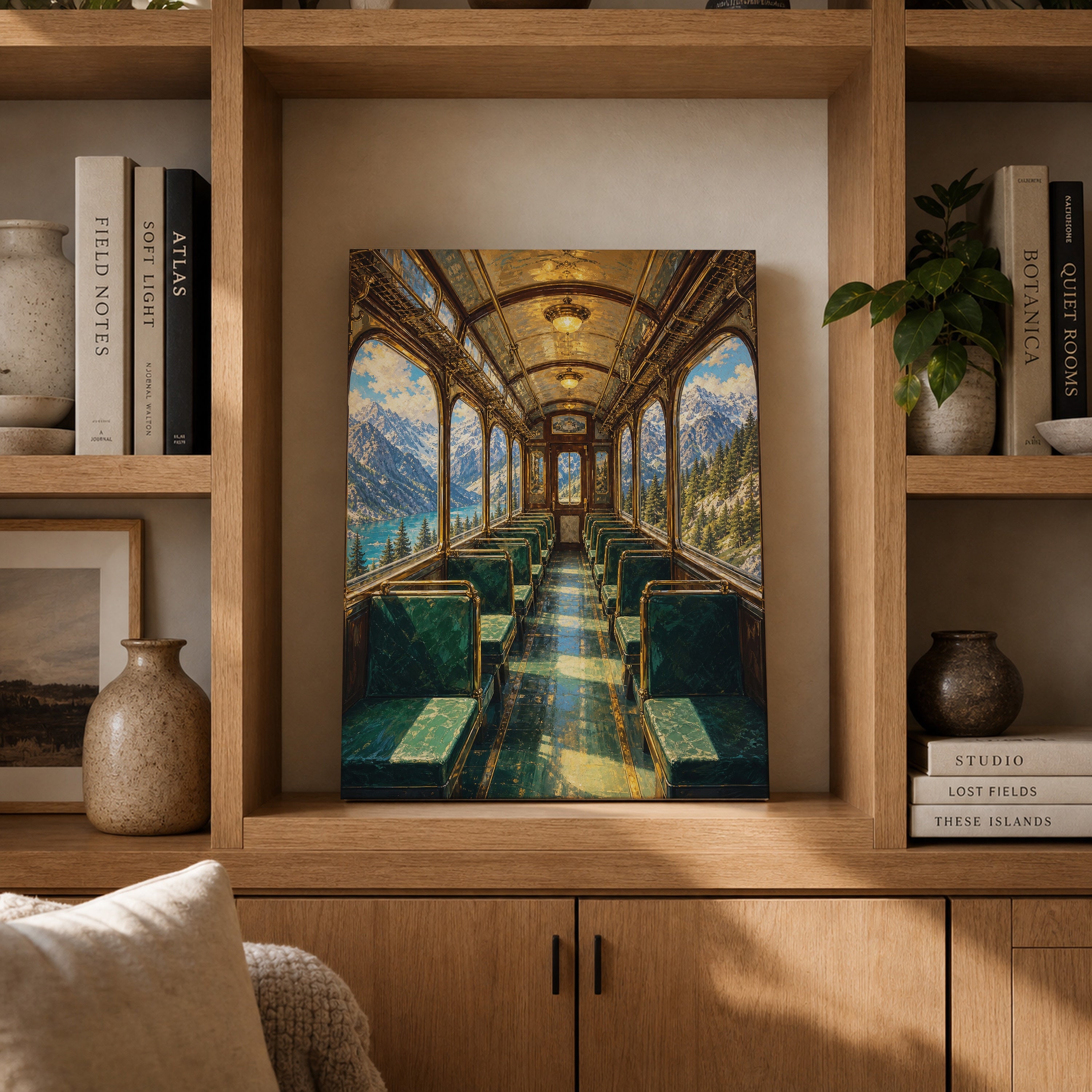 Vintage Train Dining Car canvas gallery shelf mockup by Seji Art