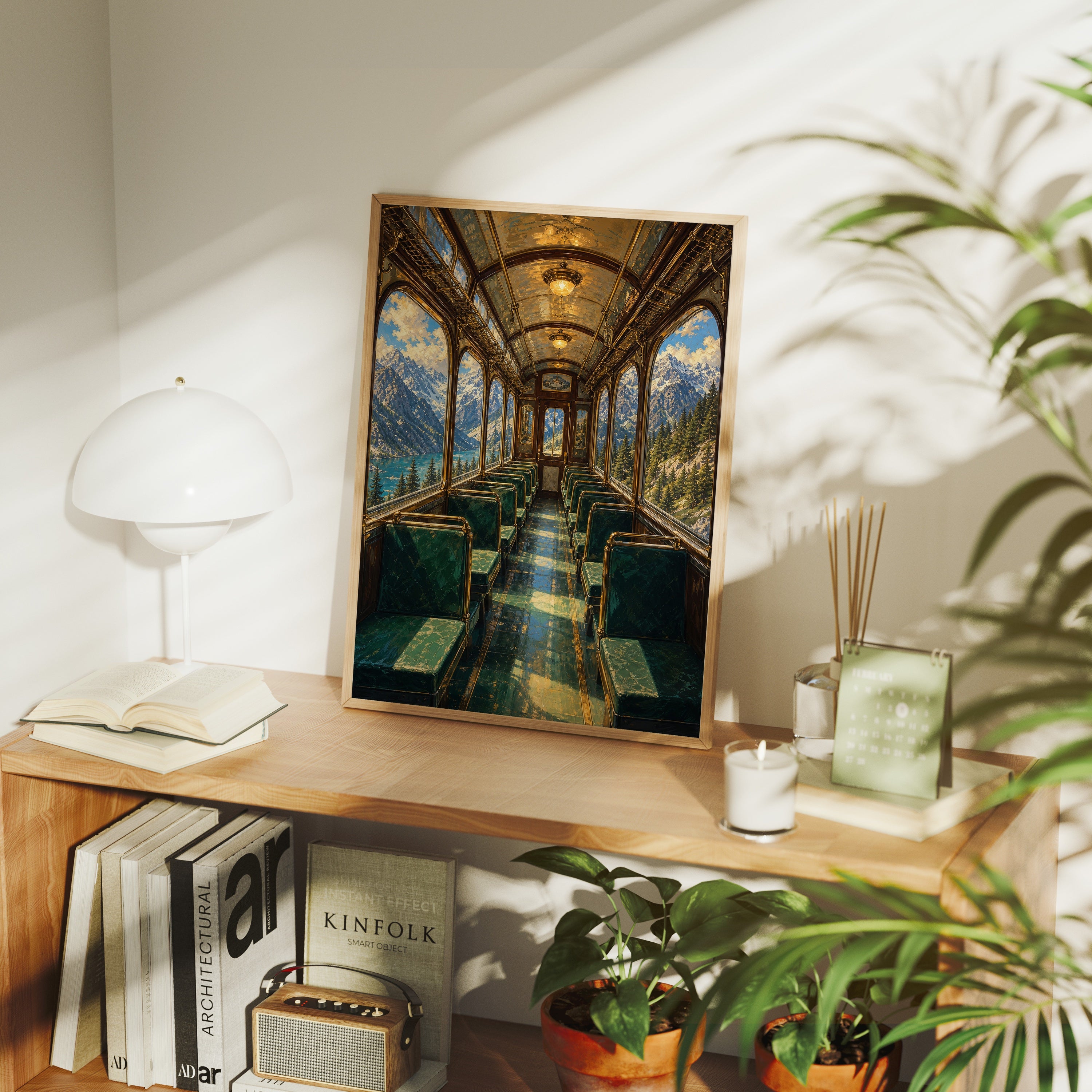 Vintage Train Dining Car poster framed room mockup by Seji Art