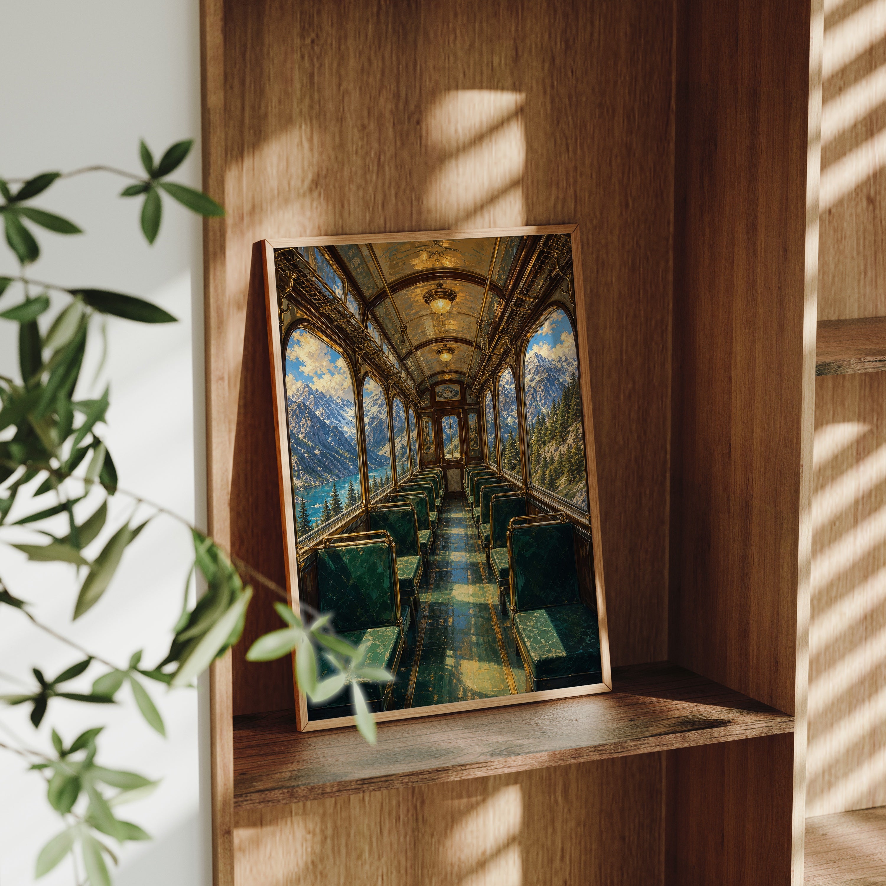 Vintage Train Dining Car poster gallery shelf mockup by Seji Art