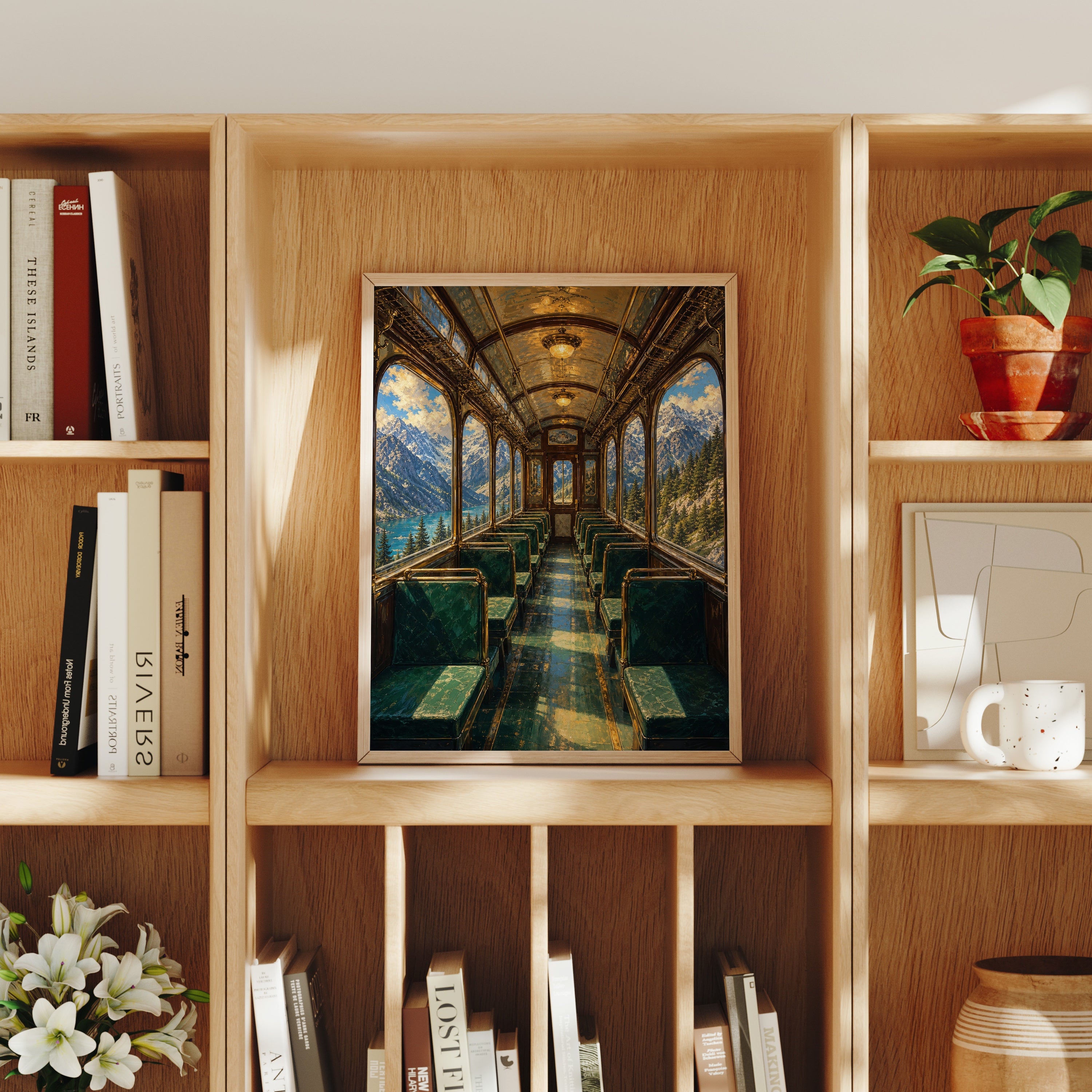 Vintage Train Dining Car poster home decor mockup by Seji Art