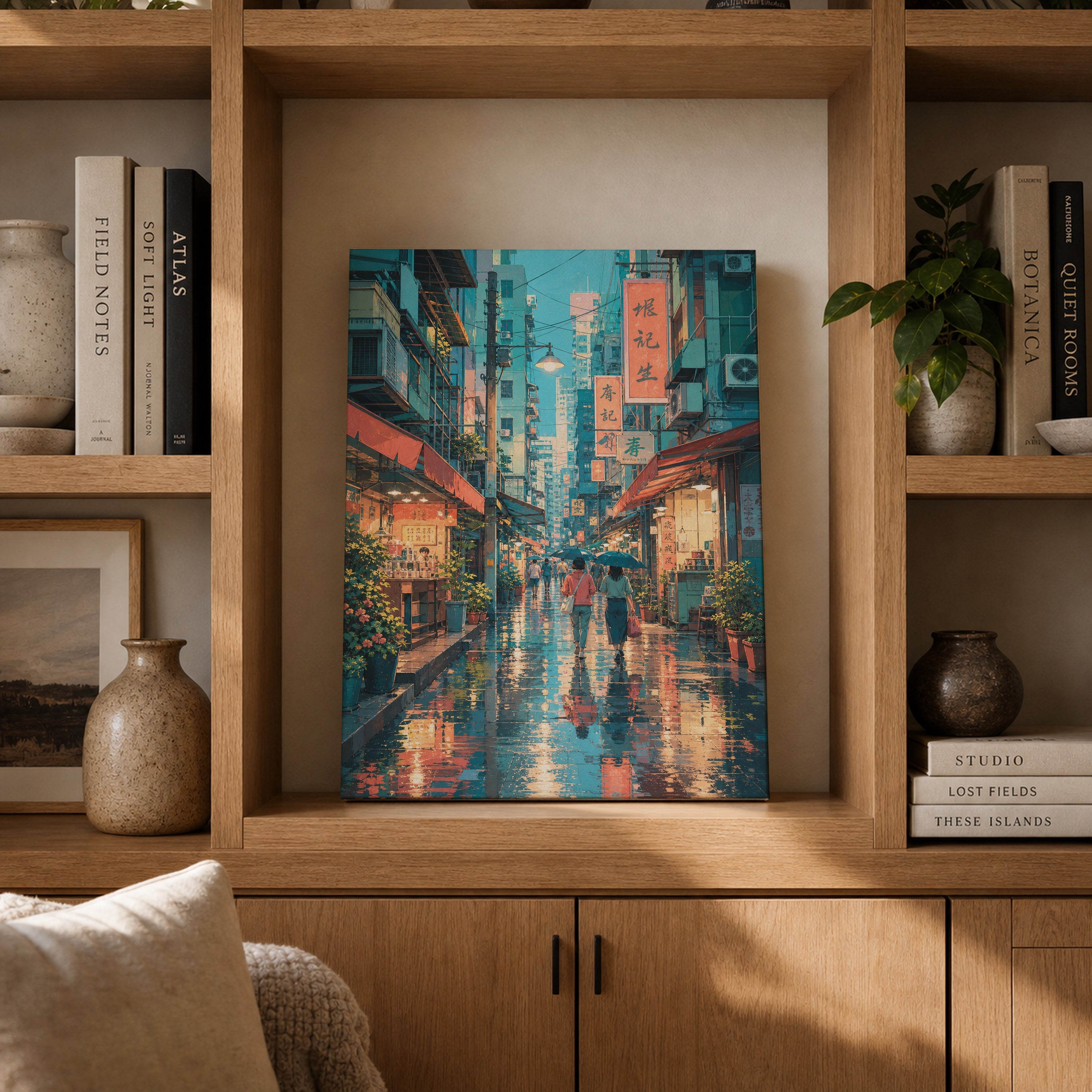 Wan Chai Hong Kong Rain Alley canvas gallery shelf mockup by Seji Art