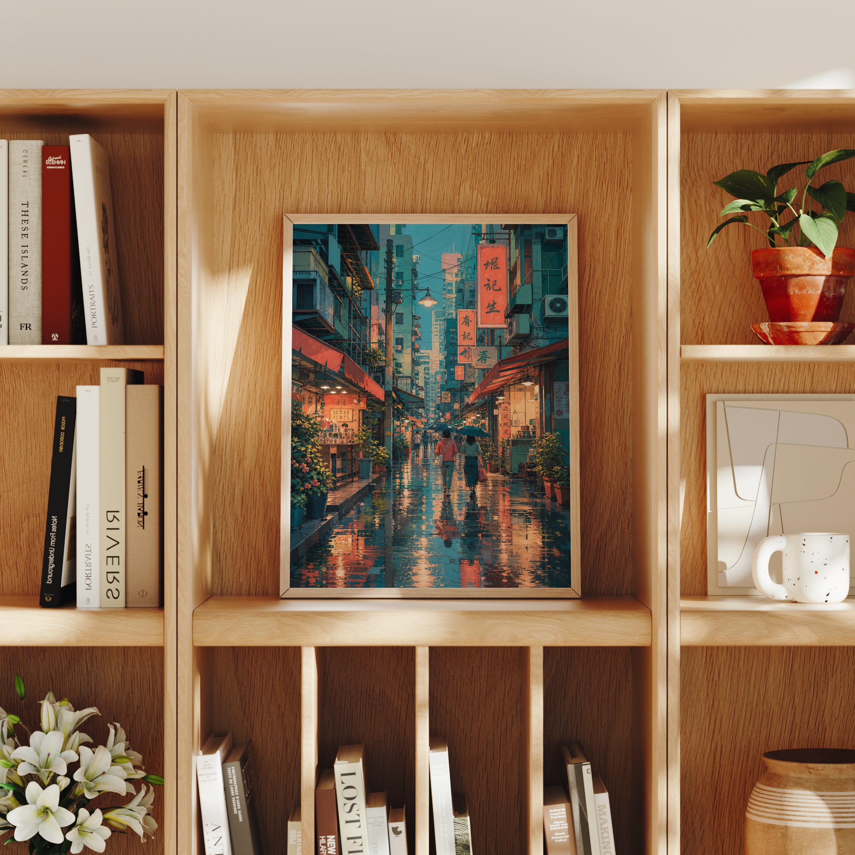 Wan Chai Hong Kong Rain Alley poster home decor mockup by Seji Art