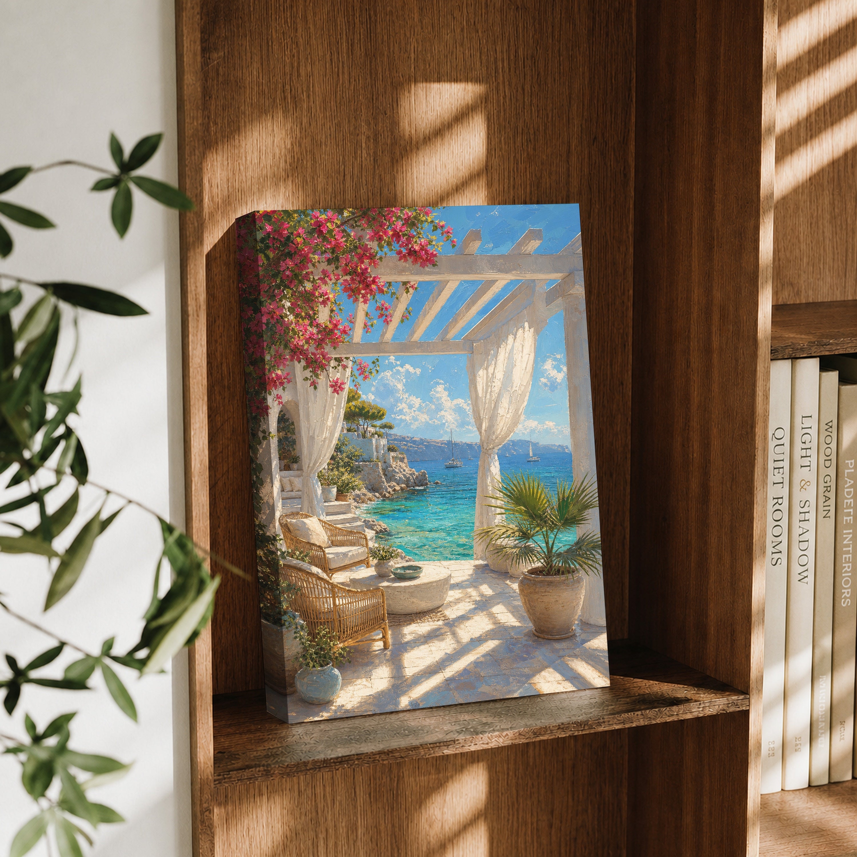 White Pergola Sea Terrace canvas wall art decor mockup by Seji Art