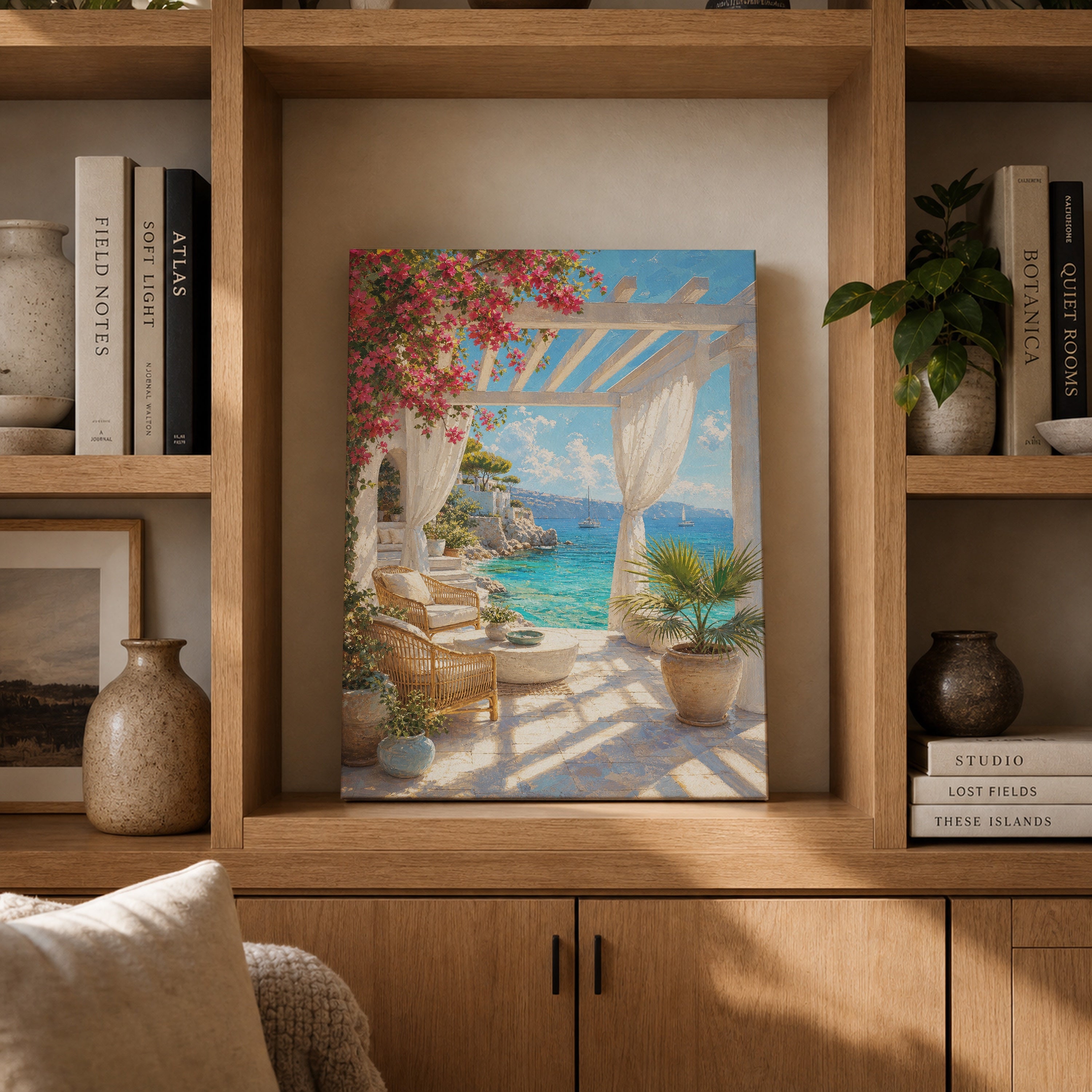 White Pergola Sea Terrace canvas gallery shelf mockup by Seji Art