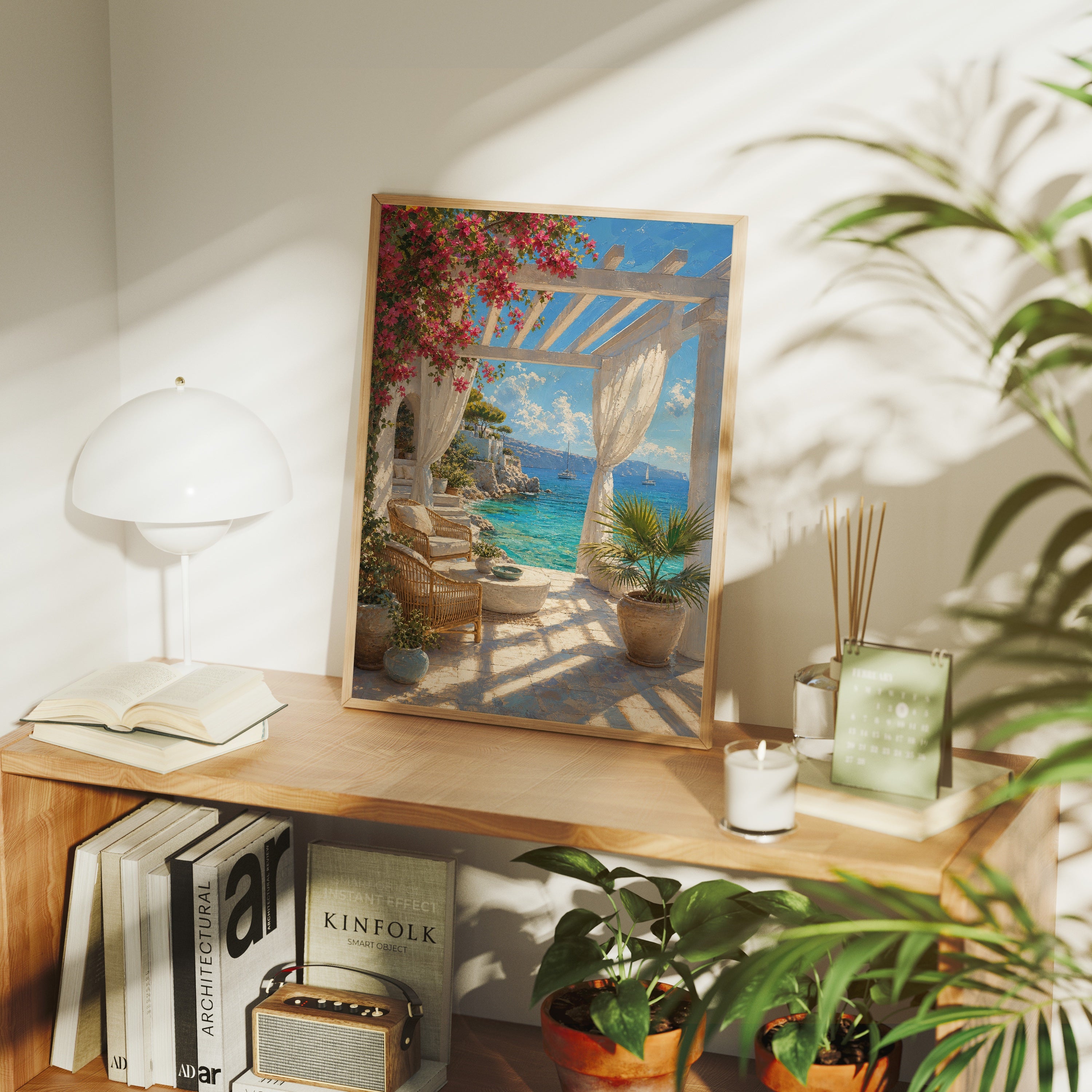 White Pergola Sea Terrace poster framed room mockup by Seji Art