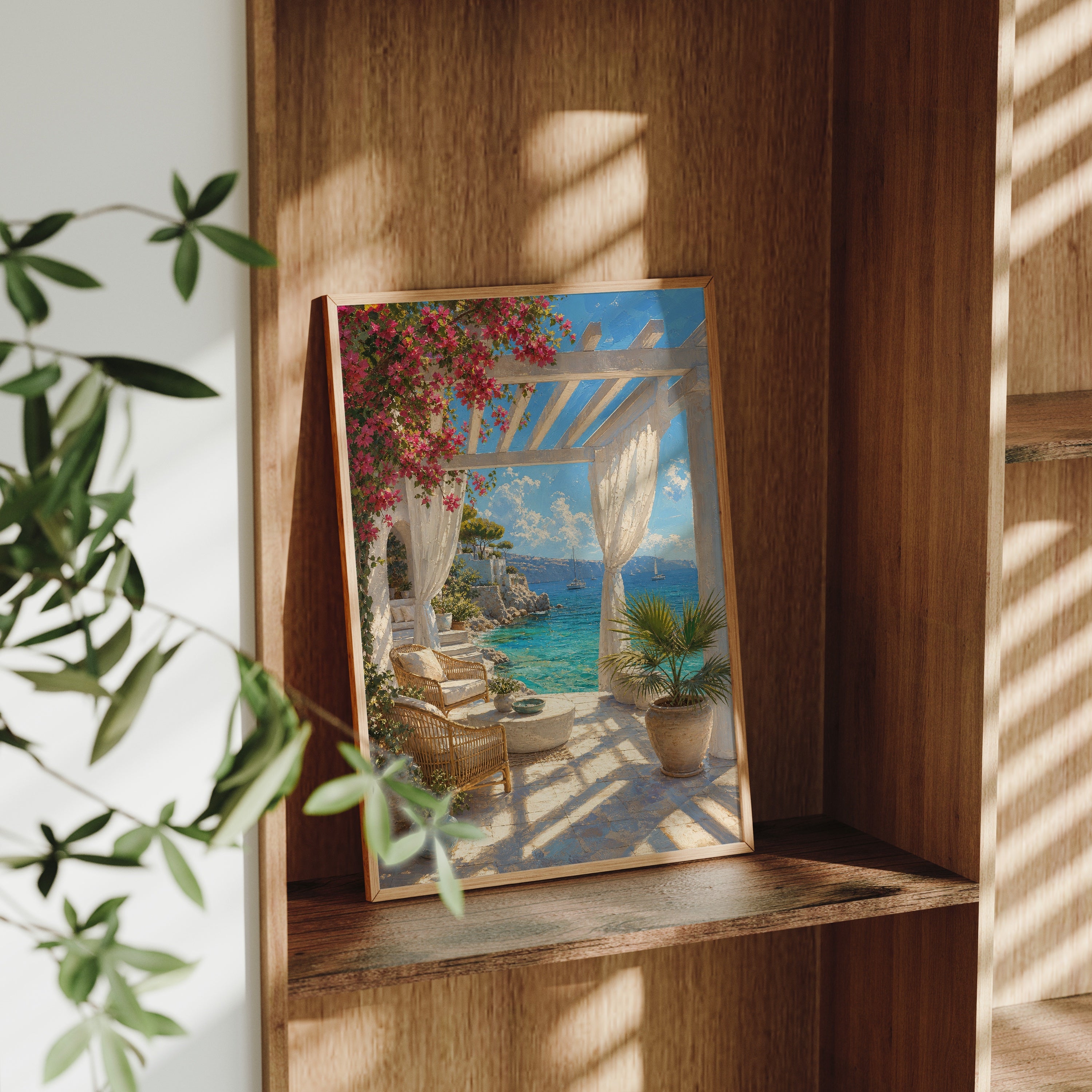 White Pergola Sea Terrace poster gallery shelf mockup by Seji Art