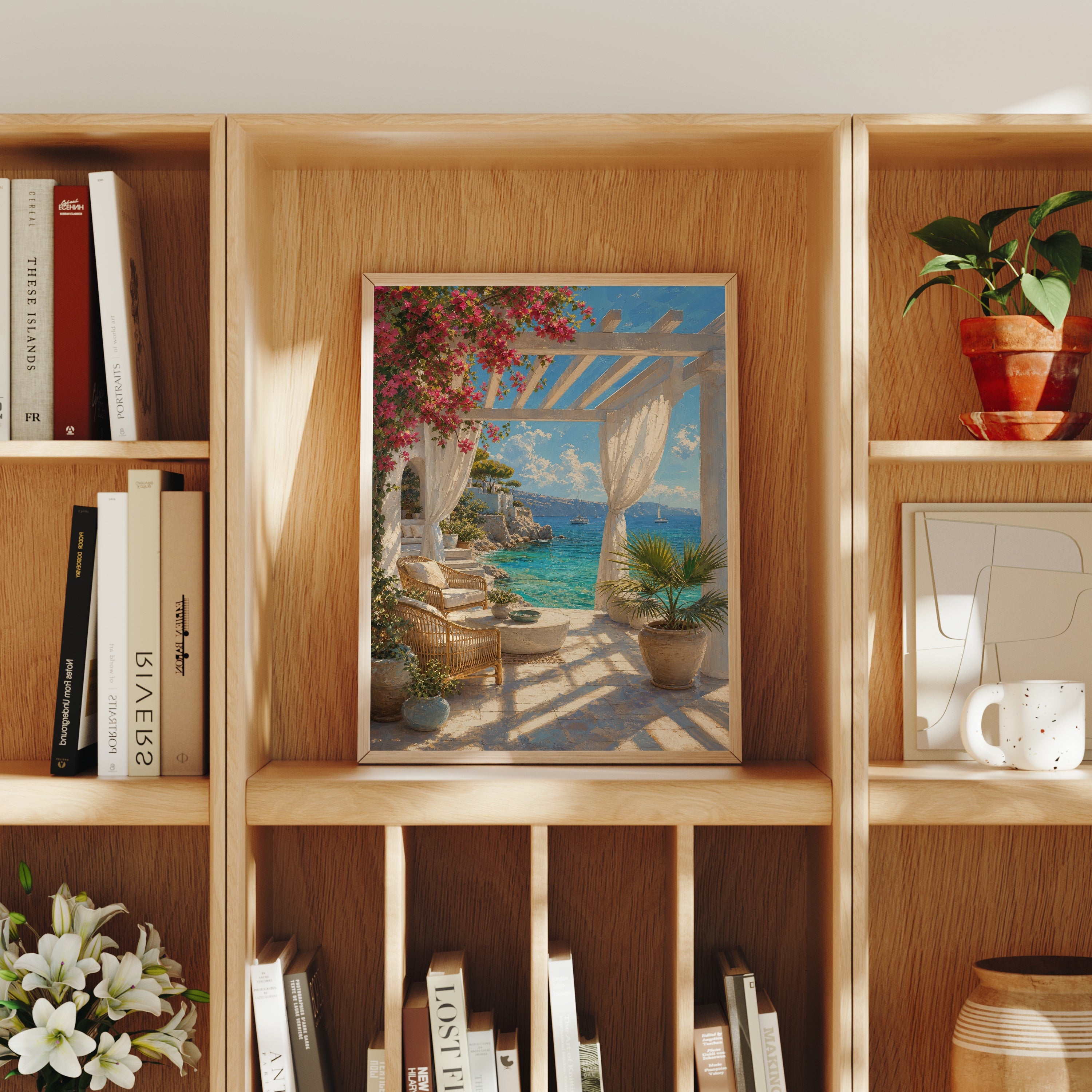 White Pergola Sea Terrace poster home decor mockup by Seji Art