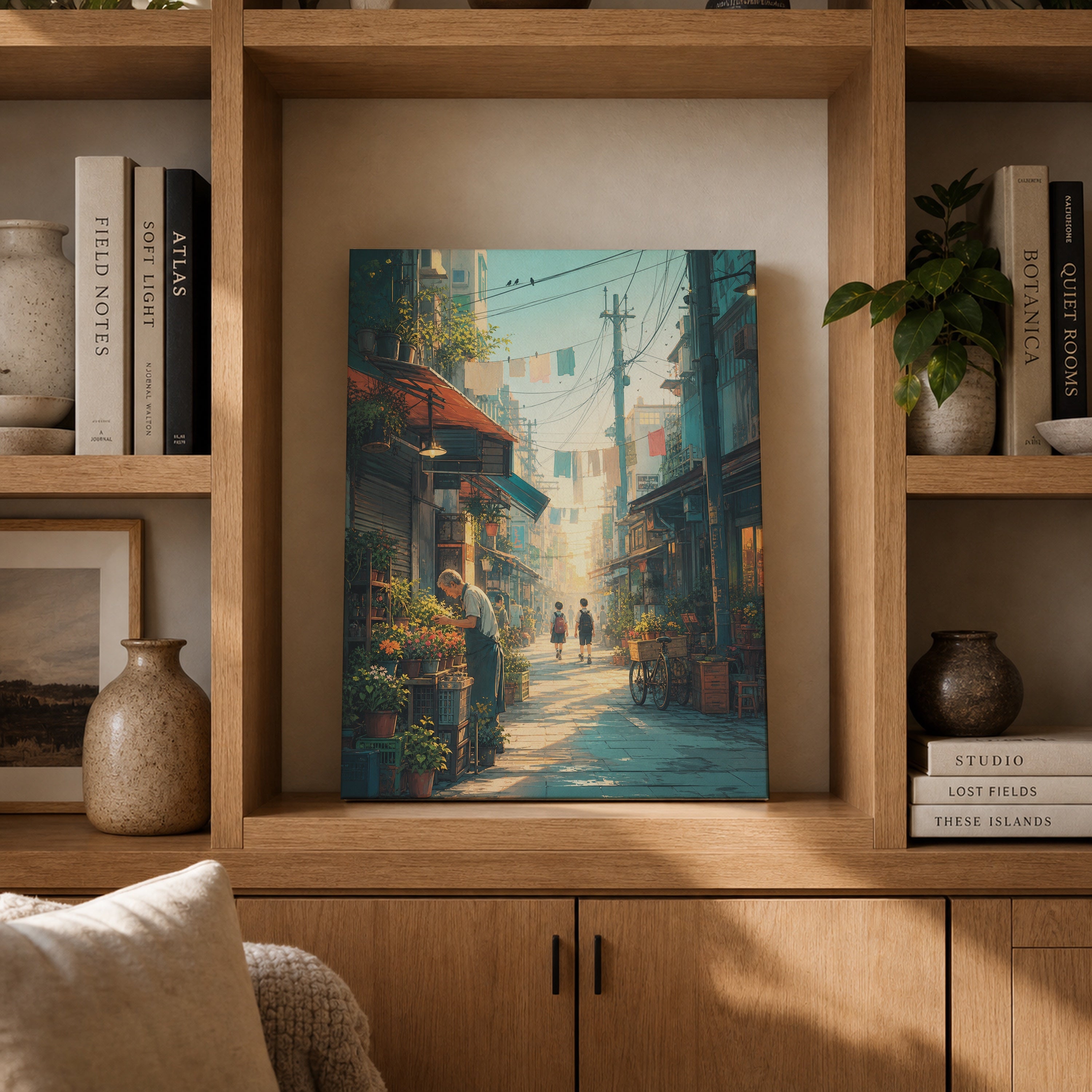 Yanaka Tokyo Morning Alley canvas gallery shelf mockup by Seji Art