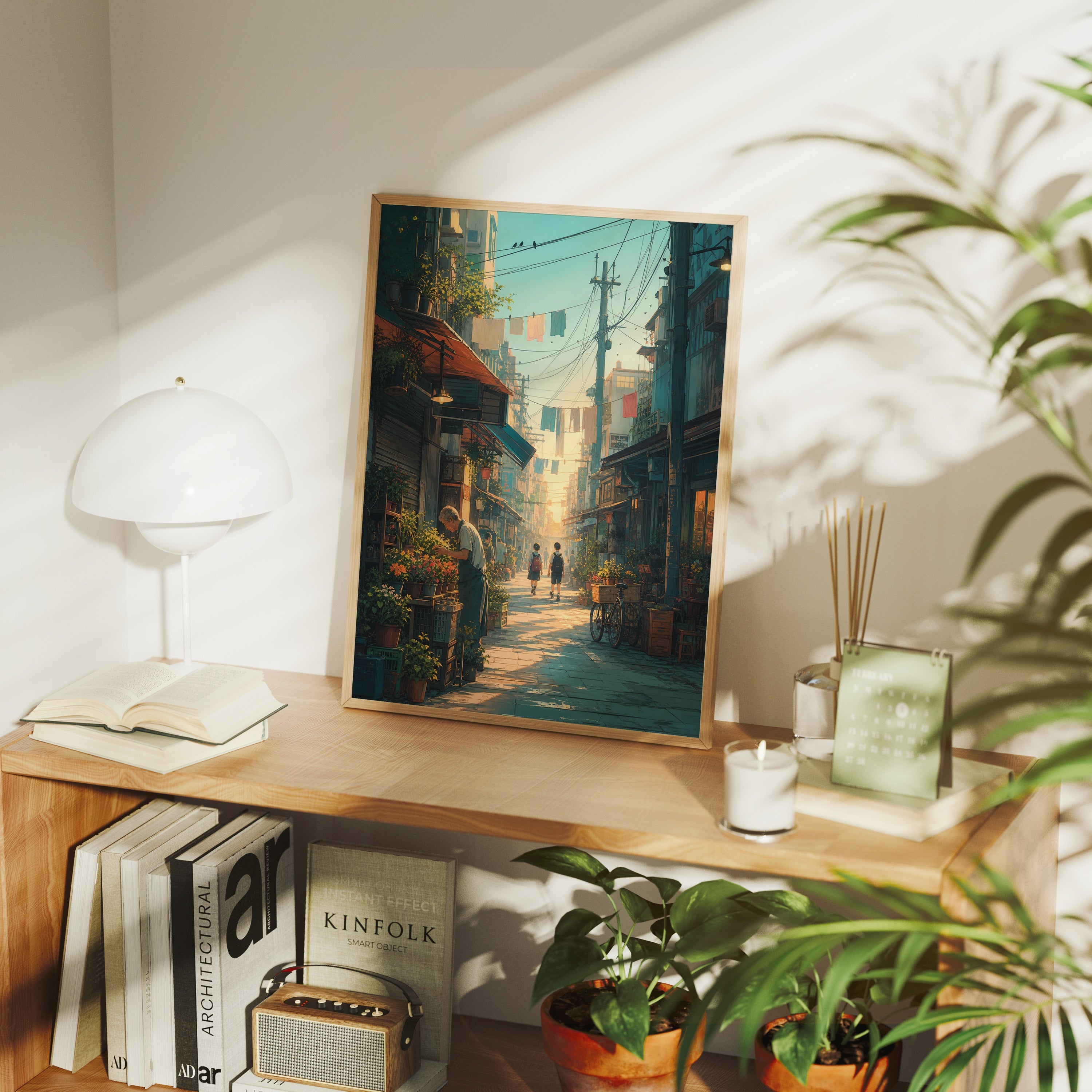 Yanaka Tokyo Morning Alley poster framed room mockup by Seji Art