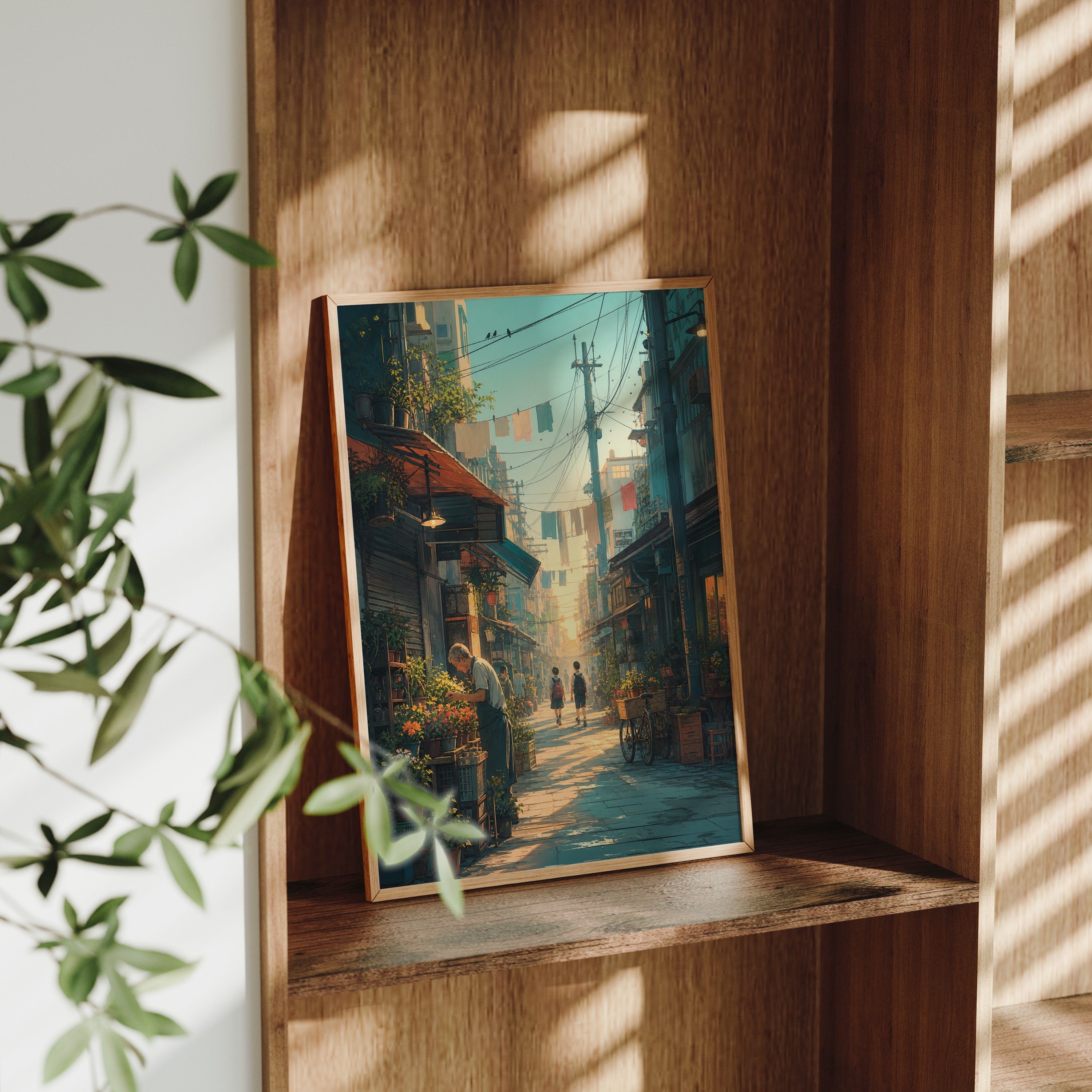 Yanaka Tokyo Morning Alley poster gallery shelf mockup by Seji Art