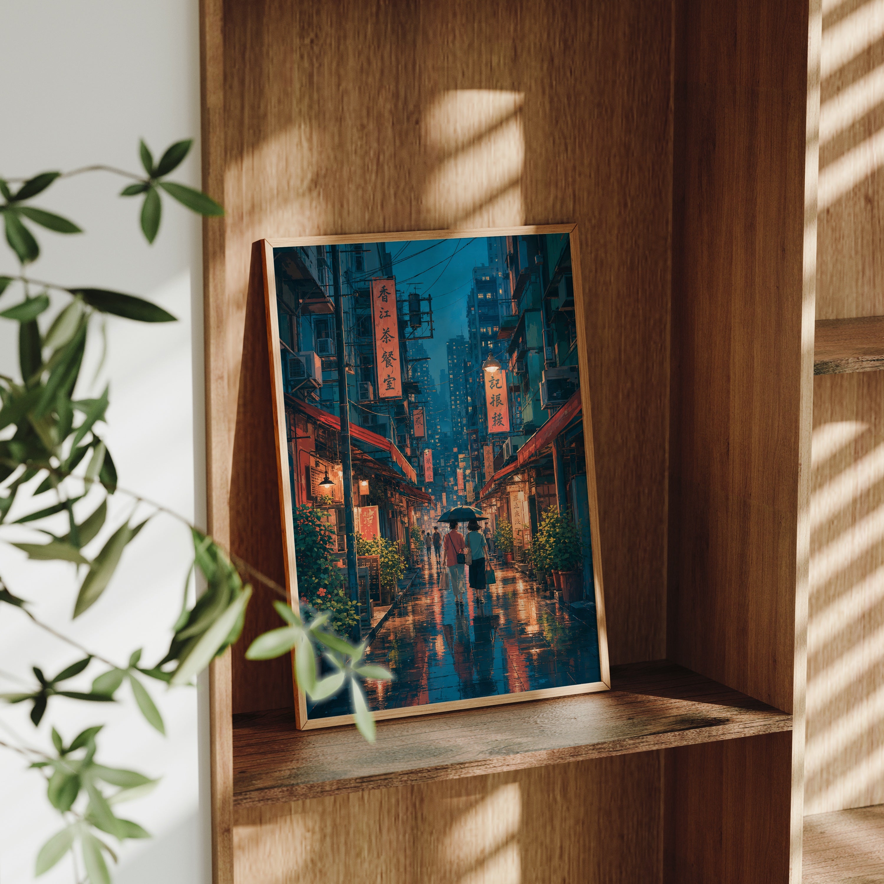 Yau Ma Tei Hong Kong Blue Hour Alley poster gallery shelf mockup by Seji Art