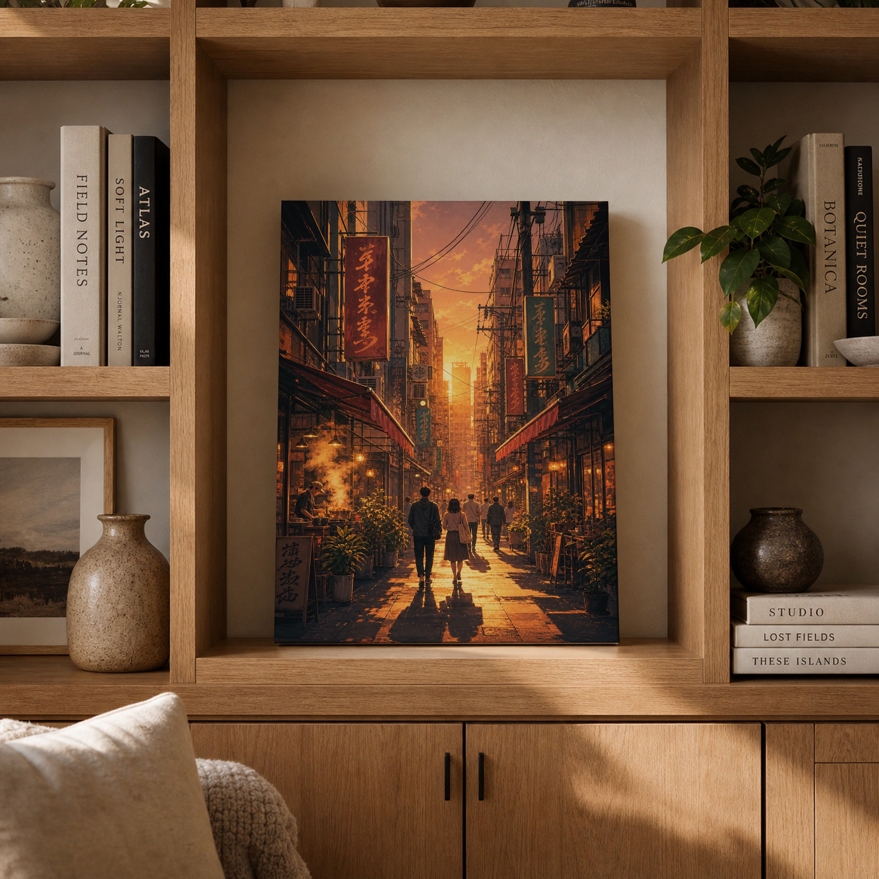 Yau Ma Tei Sunset Market Street canvas gallery shelf mockup by Seji Art
