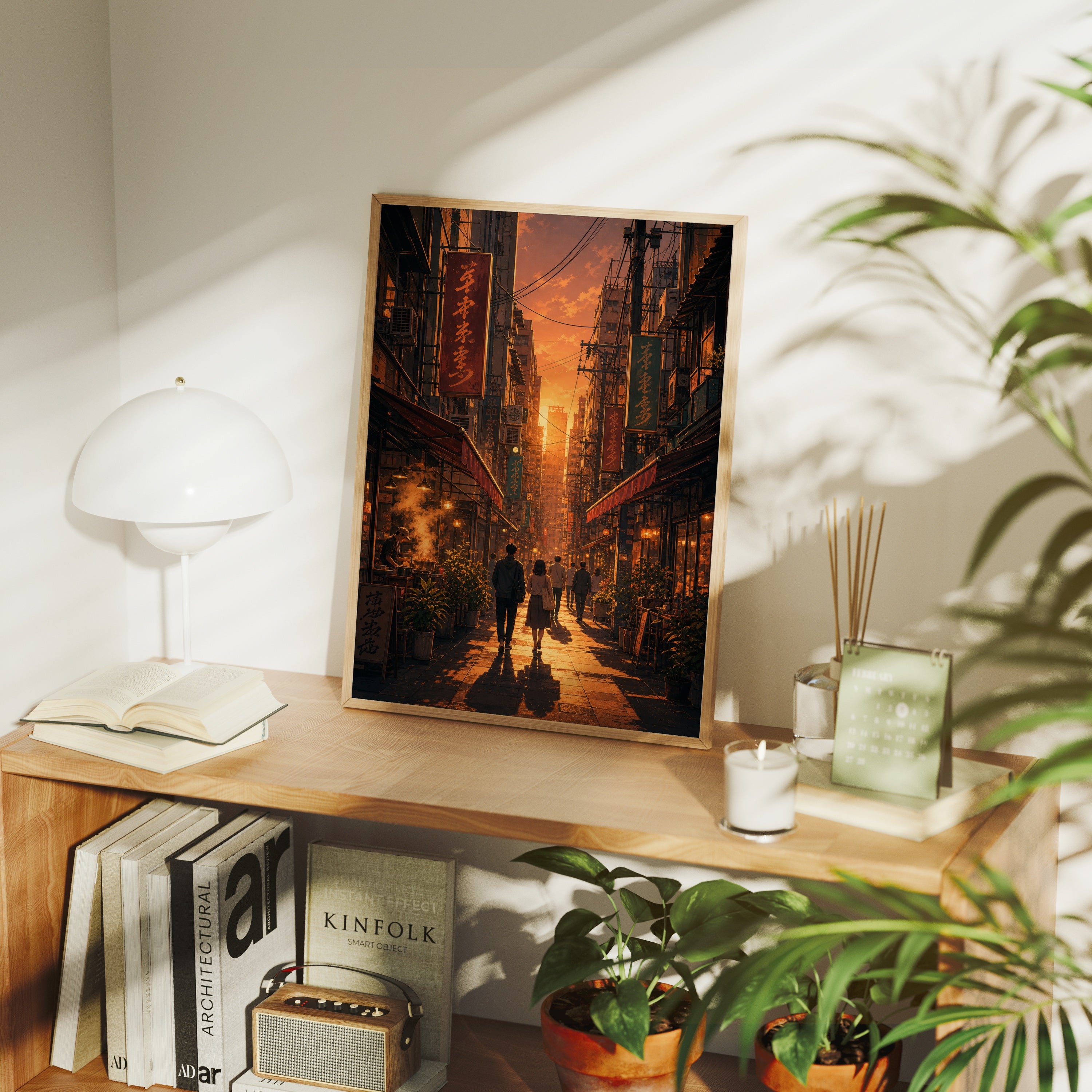 Yau Ma Tei Sunset Market Street poster framed room mockup by Seji Art