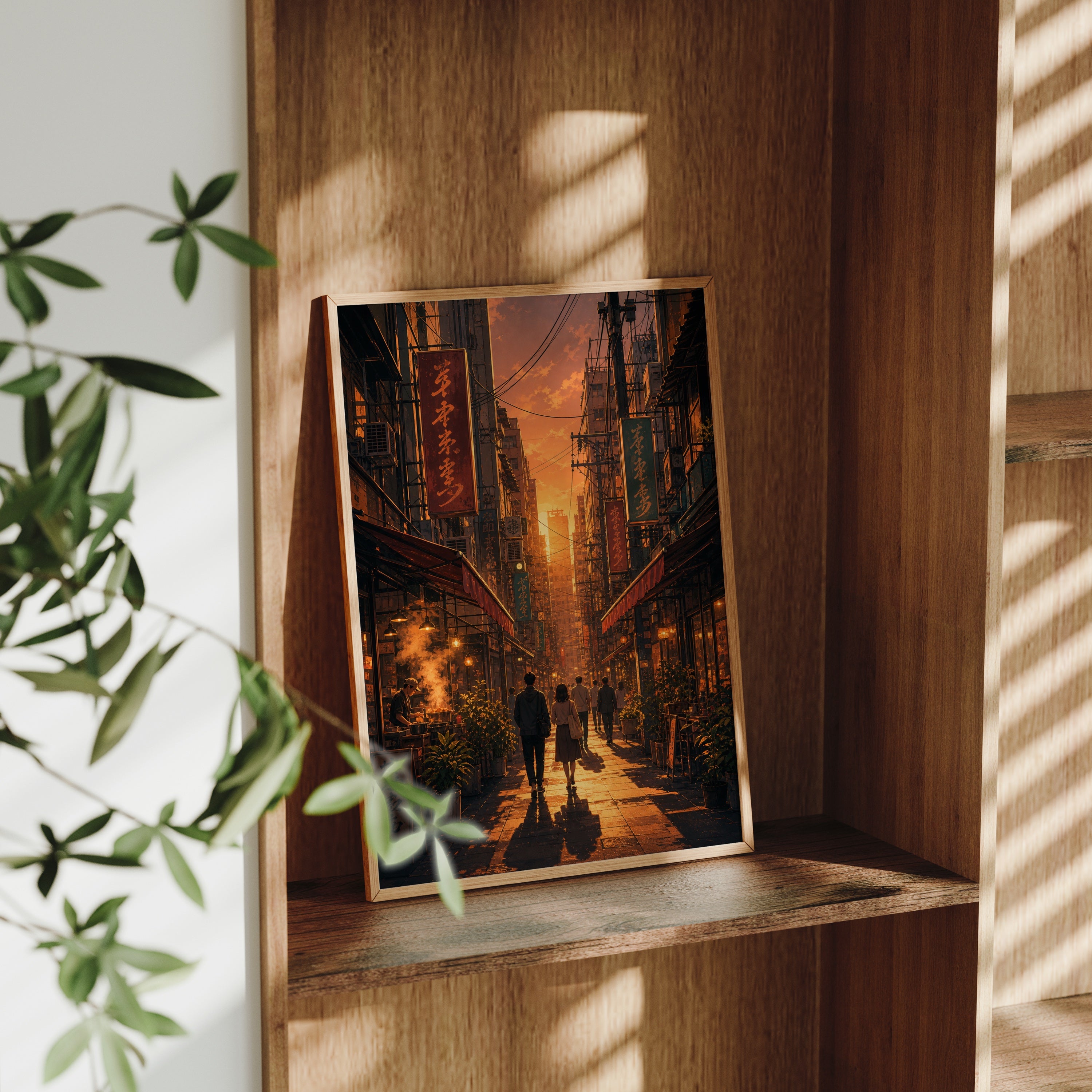 Yau Ma Tei Sunset Market Street poster gallery shelf mockup by Seji Art