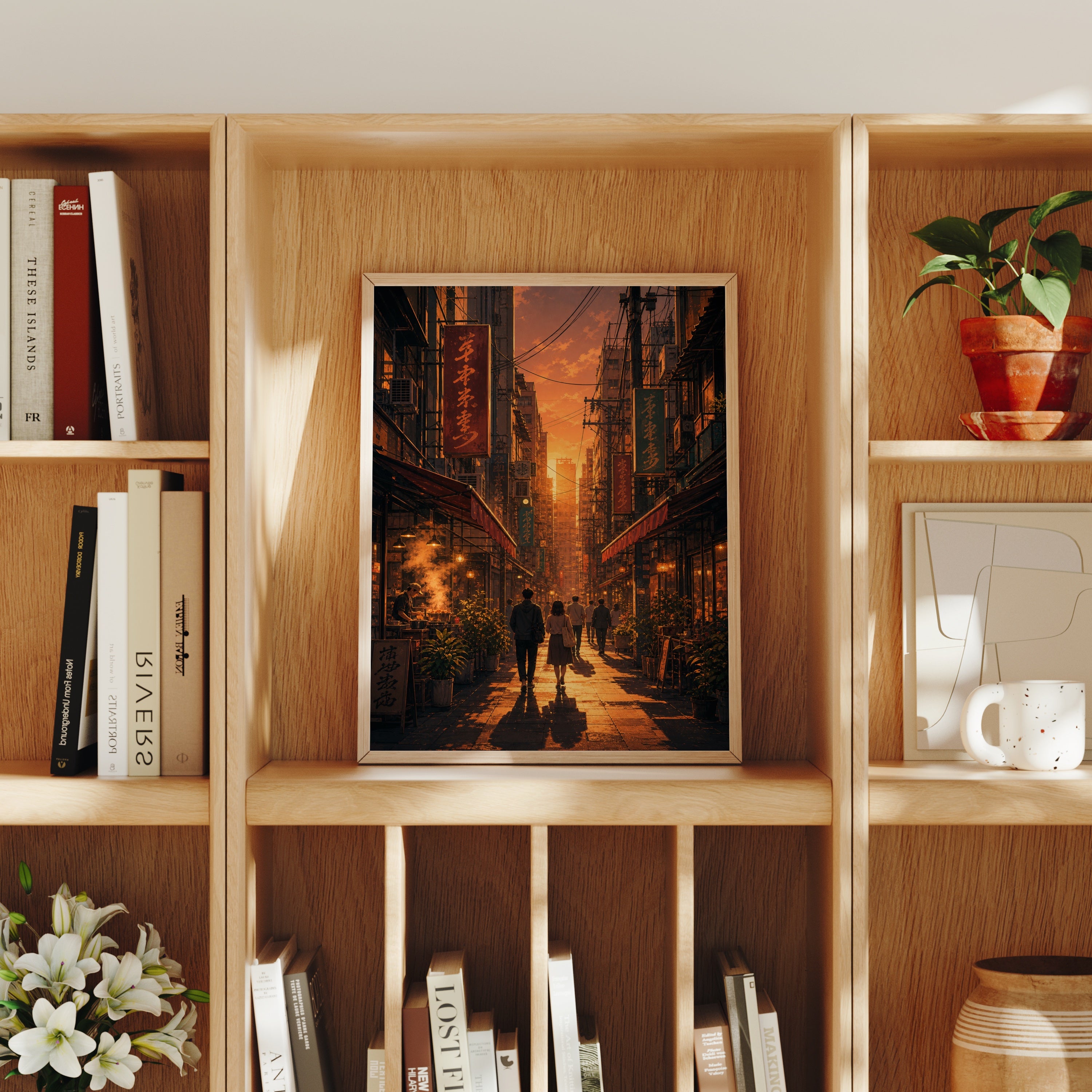 Yau Ma Tei Sunset Market Street poster home decor mockup by Seji Art