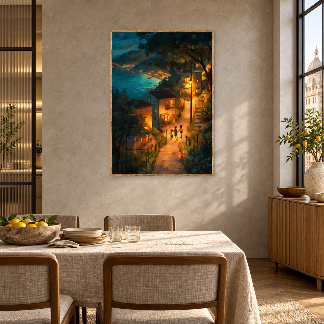 Cefalu Sicily Coastal Village Night Wall Art Print poster room mockup 5