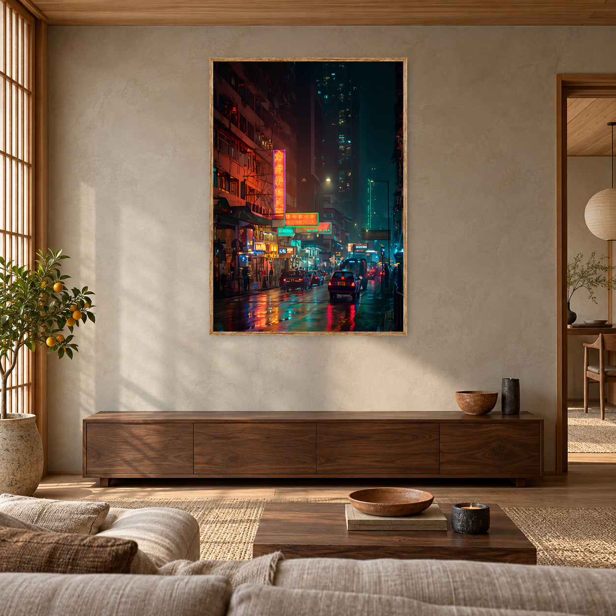 Yee Wo Street Causeway Bay Hong Kong Rainy Taxi Wall Art Print poster room mockup 5