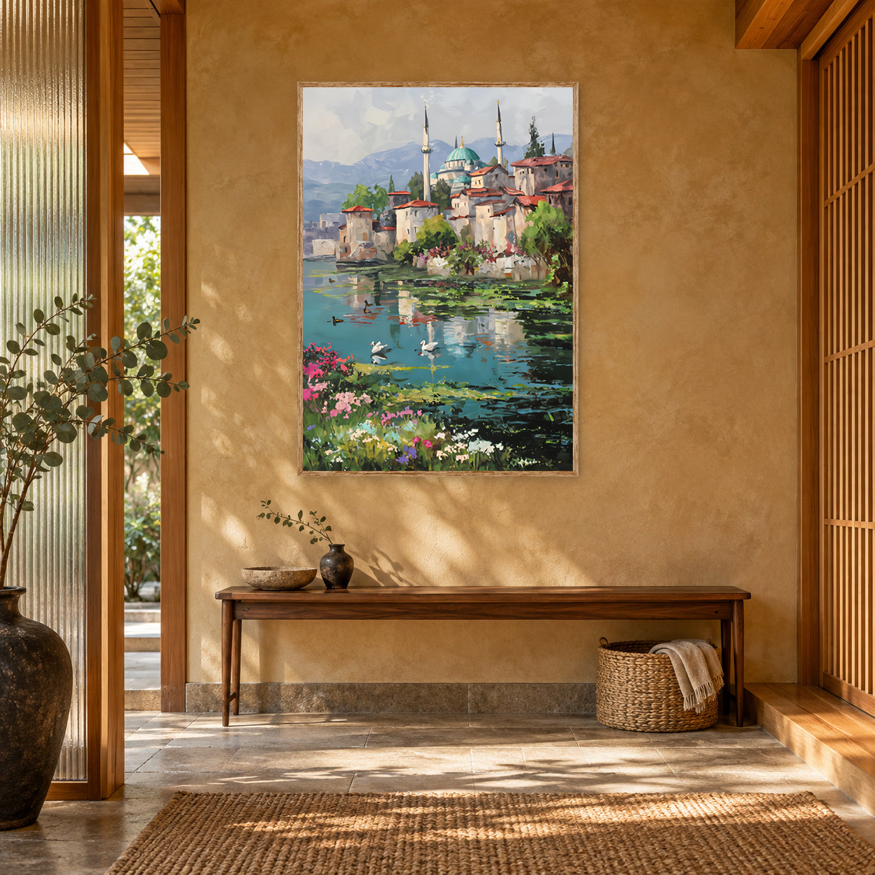 Iznik Lakeside Mosque Swans Wall Art Print poster room mockup 5