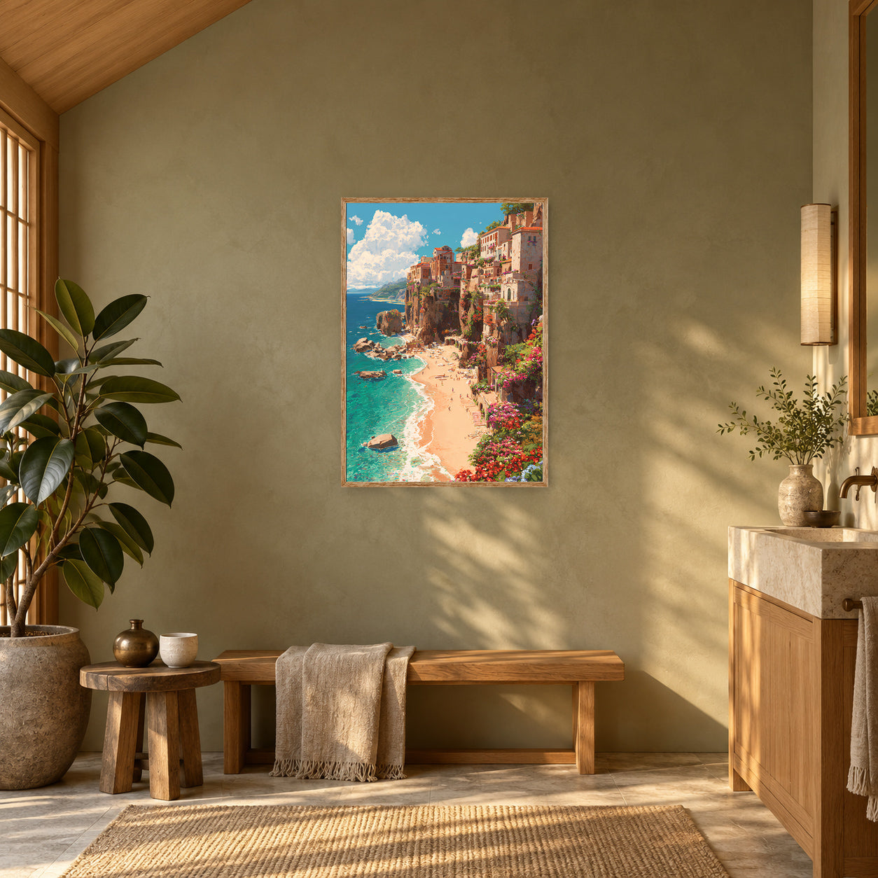 Eze Cliffside Beach Wall Art Print poster room mockup 3