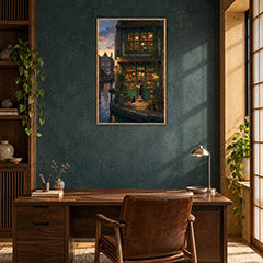 Bruges Canal Dusk Bookshop Wall Art Print poster room mockup 2