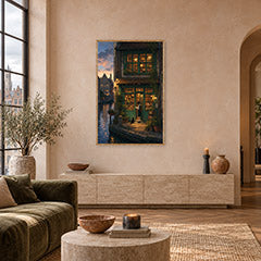 Bruges Canal Dusk Bookshop Wall Art Print poster room mockup 4